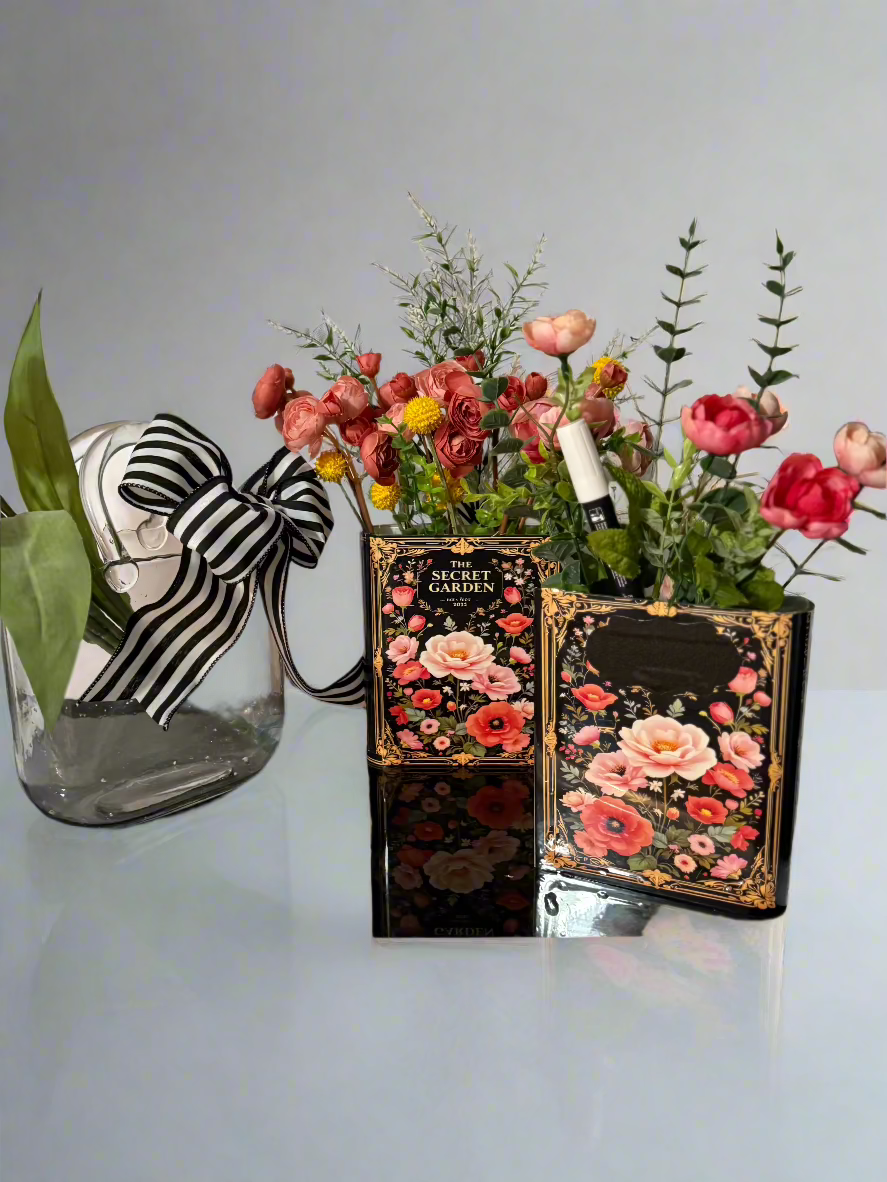 Secret Garden vintage-style book vase with gold frame detailing and floral design, featuring coral and blush roses, handmade luxury home decor