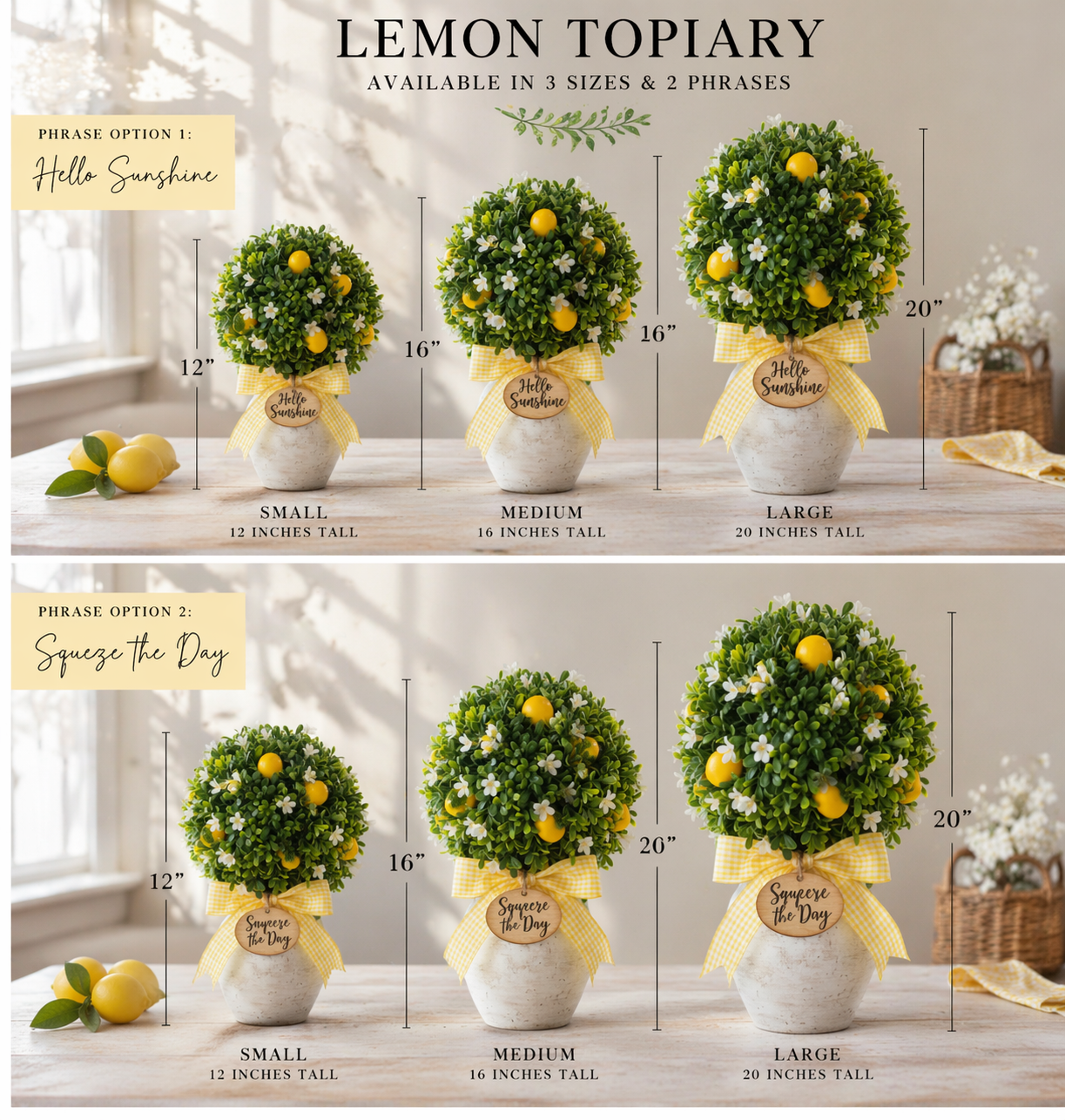 Lemon topiary plant display with size options and phrase choices on a neutral background.