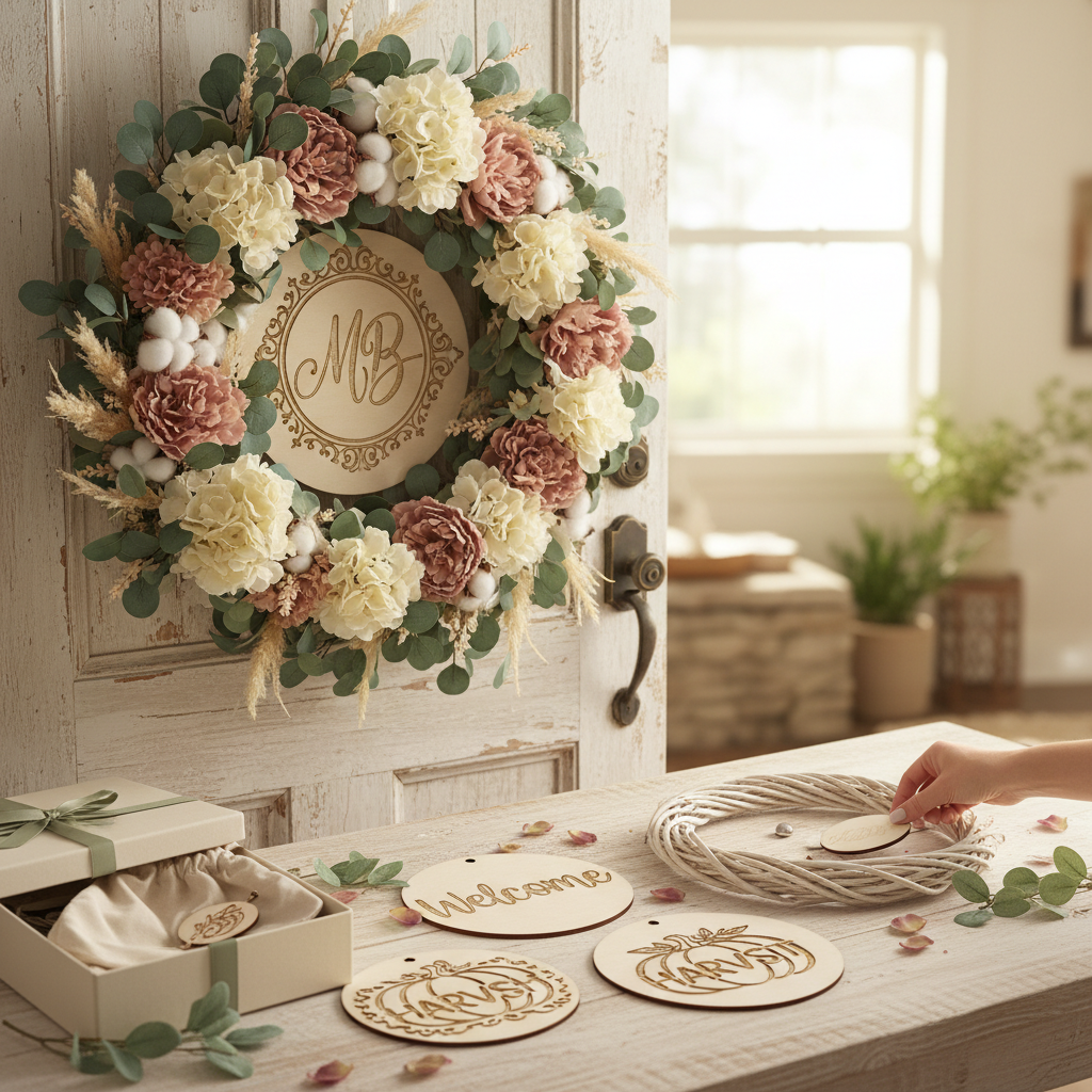 Decorative wreath with flowers and monogram on a door, with a table displaying decorative items in the background.