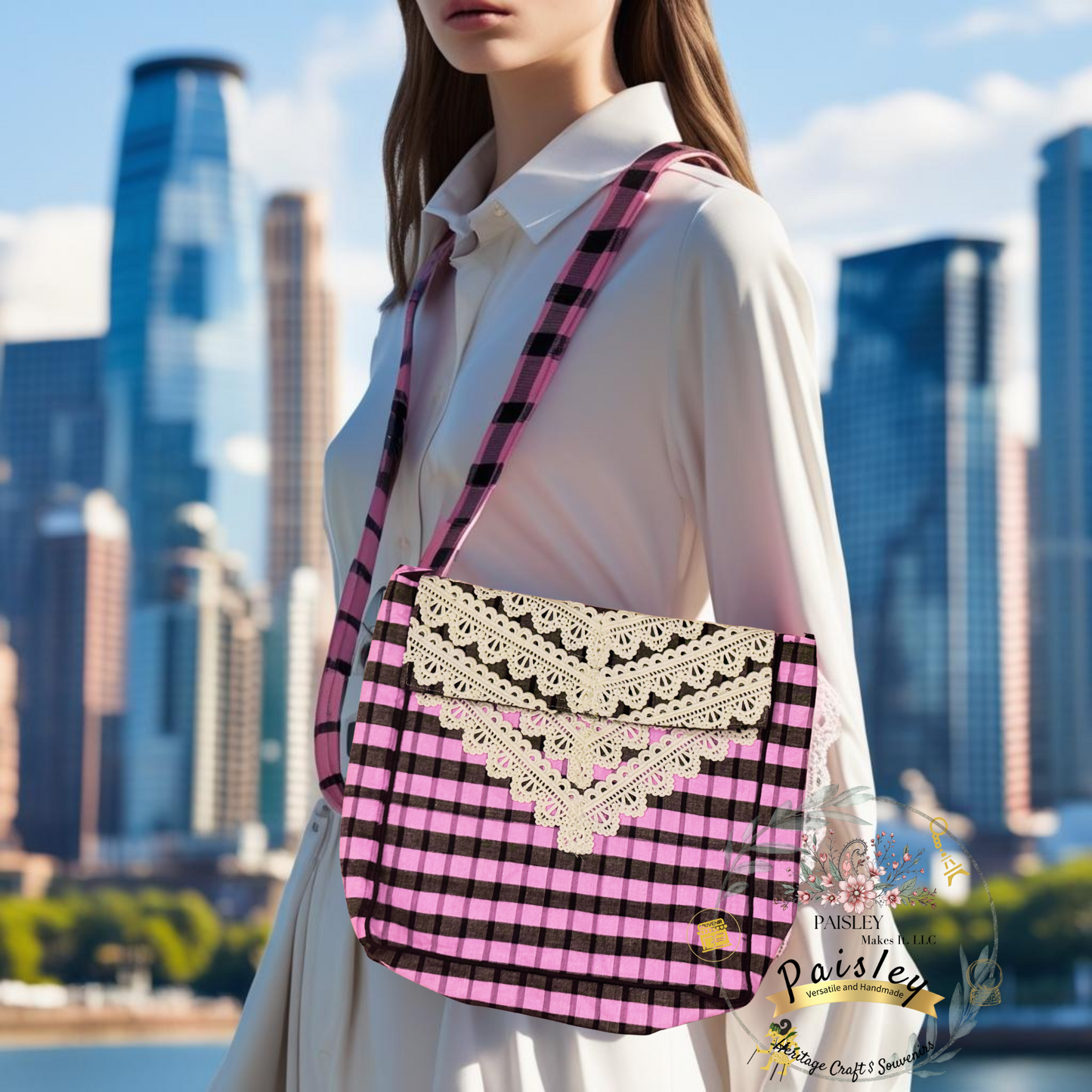 Ping and Black Bangladesh Gramin Check inspired boho tote bag with purple embroidery and yellow tassels - handcrafted Indian-inspired design