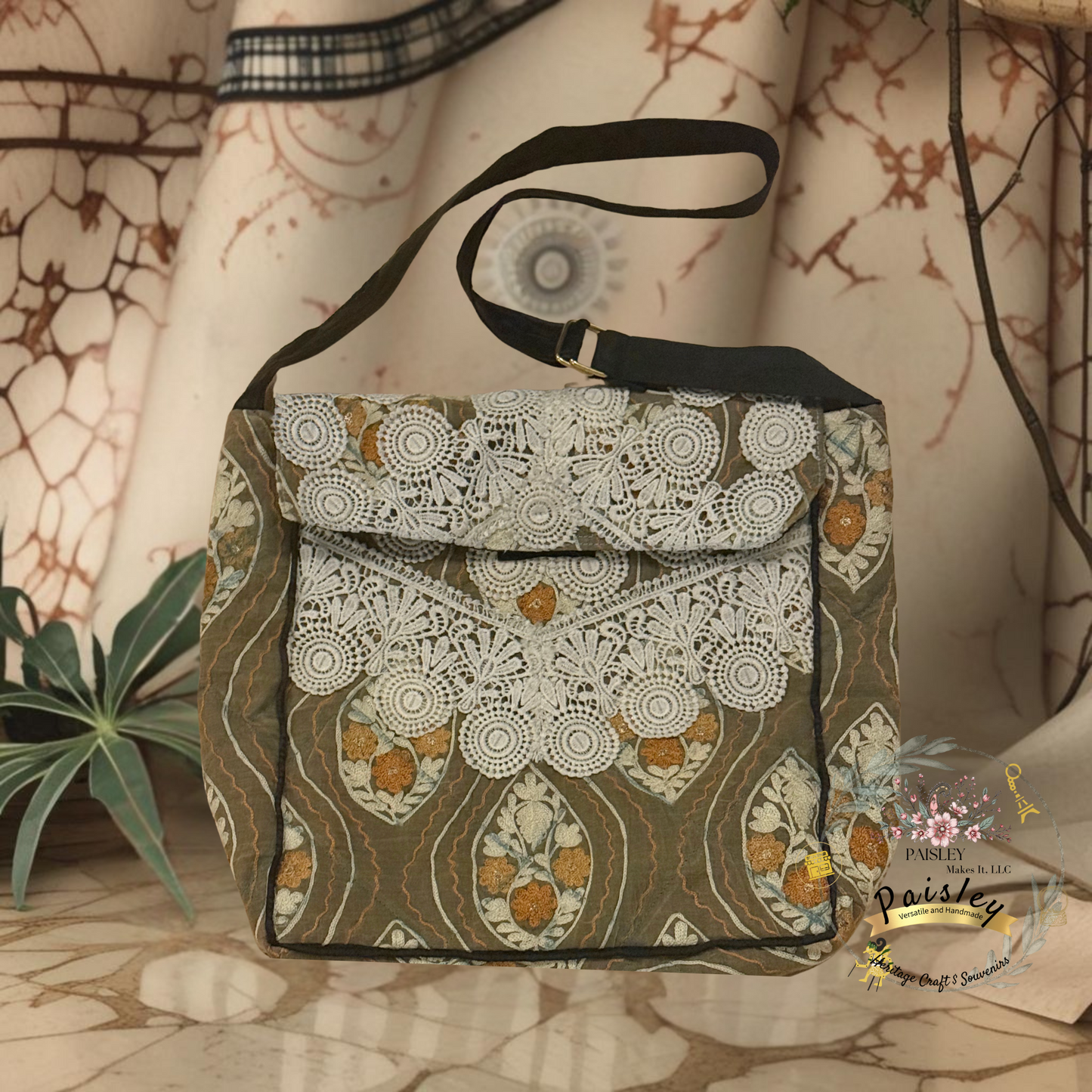 Multi-colored floral embroidery tote bag with shell and bead embellishments - bohemian luxury accessory