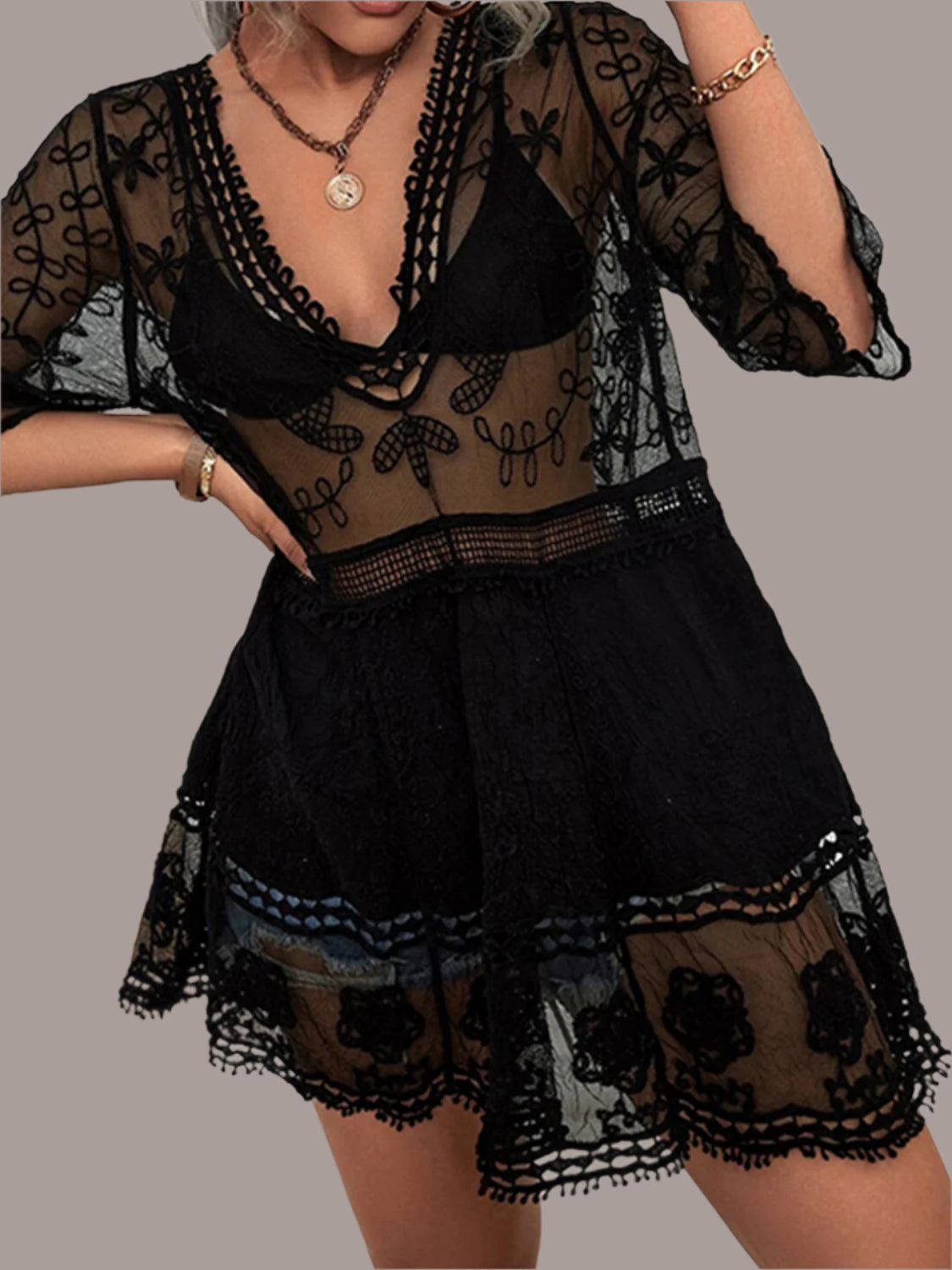 Bohemian lace detail plunge cover-up dress in neutral tones - front view