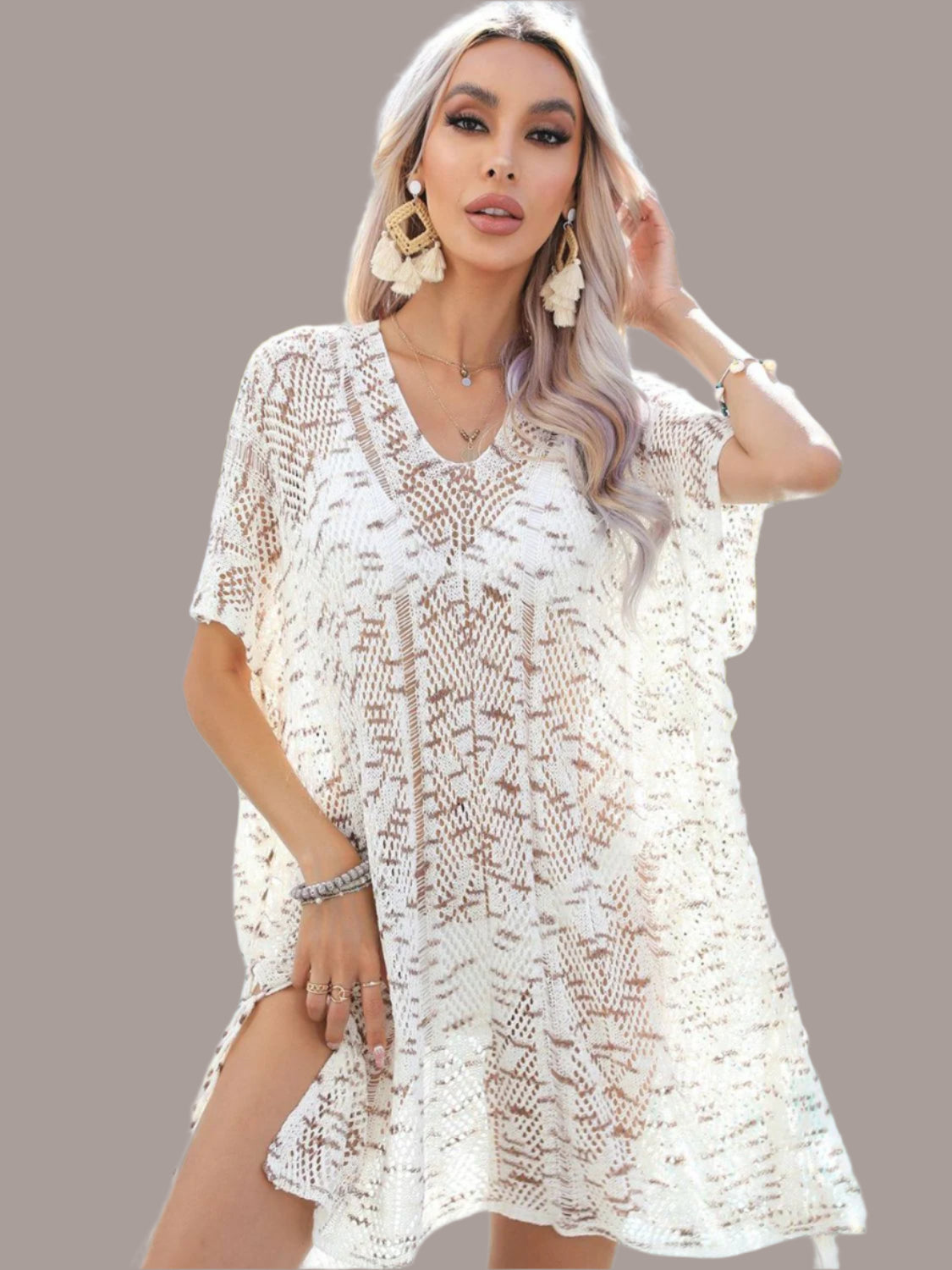 Angel wings tassel slit cover-up showing multicolored openwork detail