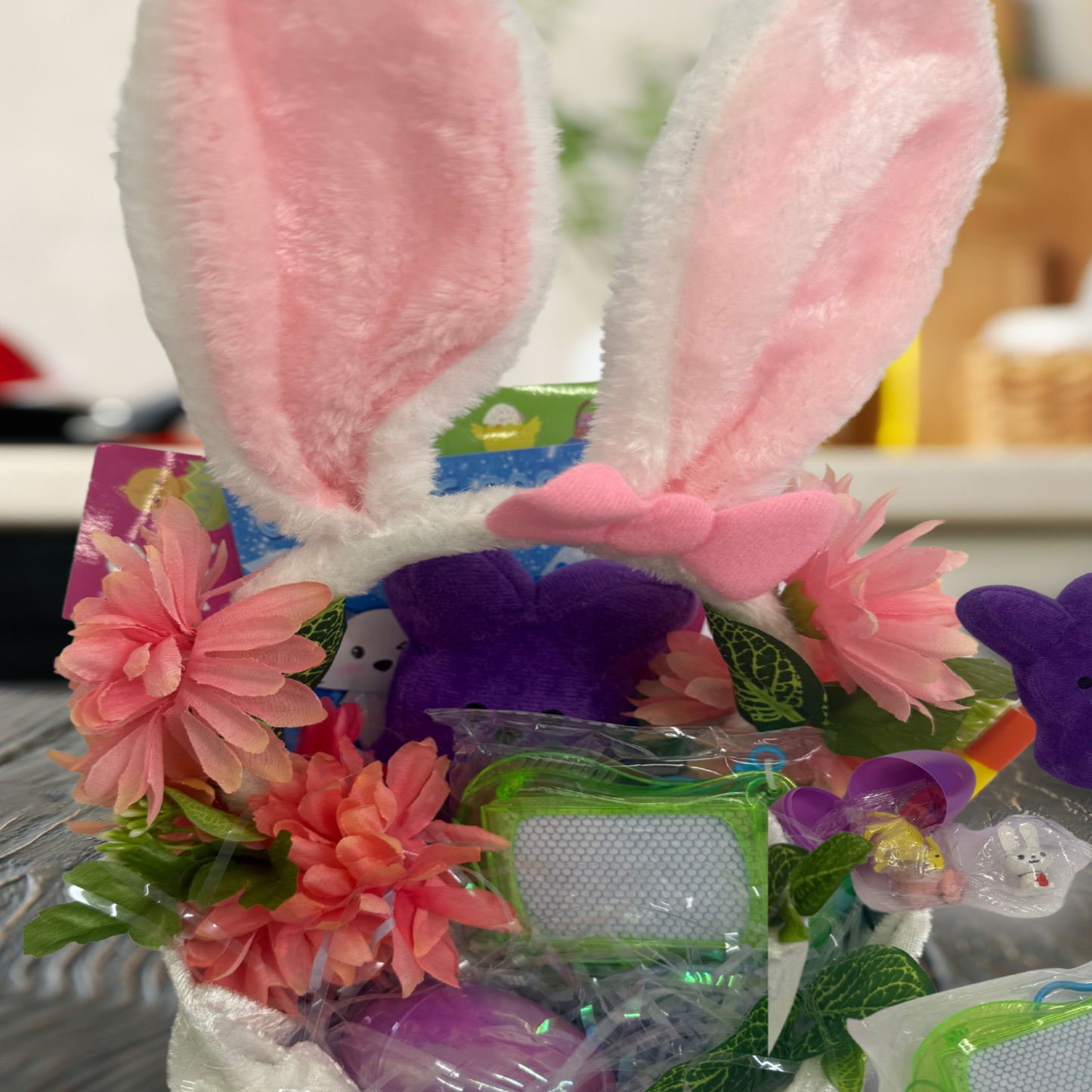 Handcrafted Plushy Peeps Easter Gift Bundle featuring plush bunny, coloring books, and spring flowers by Paisley Decor It
