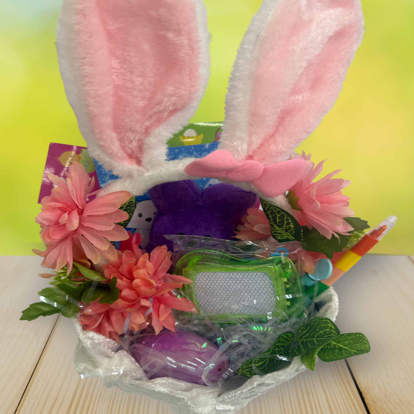 Handcrafted Bunny Ear Peeps Easter Gift Bundle featuring plush bunny, coloring books, and spring flowers by Paisley Decor It