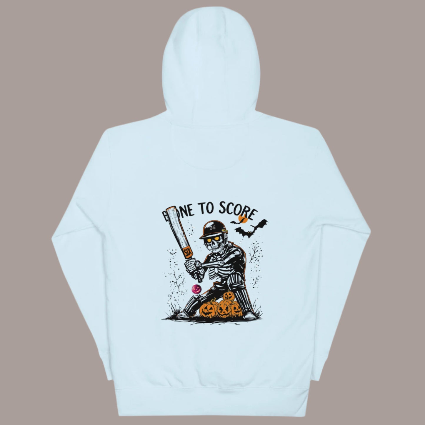 Blue hoodie with Halloween skeleton Cricut player design - Time to Score graphic tee by Paisley Decor It LLC