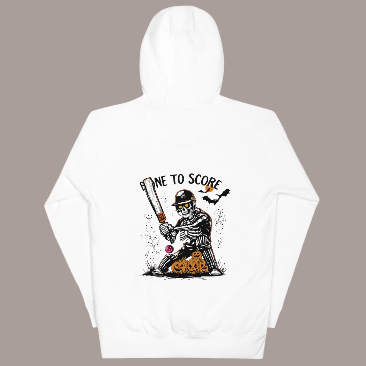 White hoodie back view with Halloween skeleton Cricut player design - Time to Score graphic tee by Paisley Decor It LLC