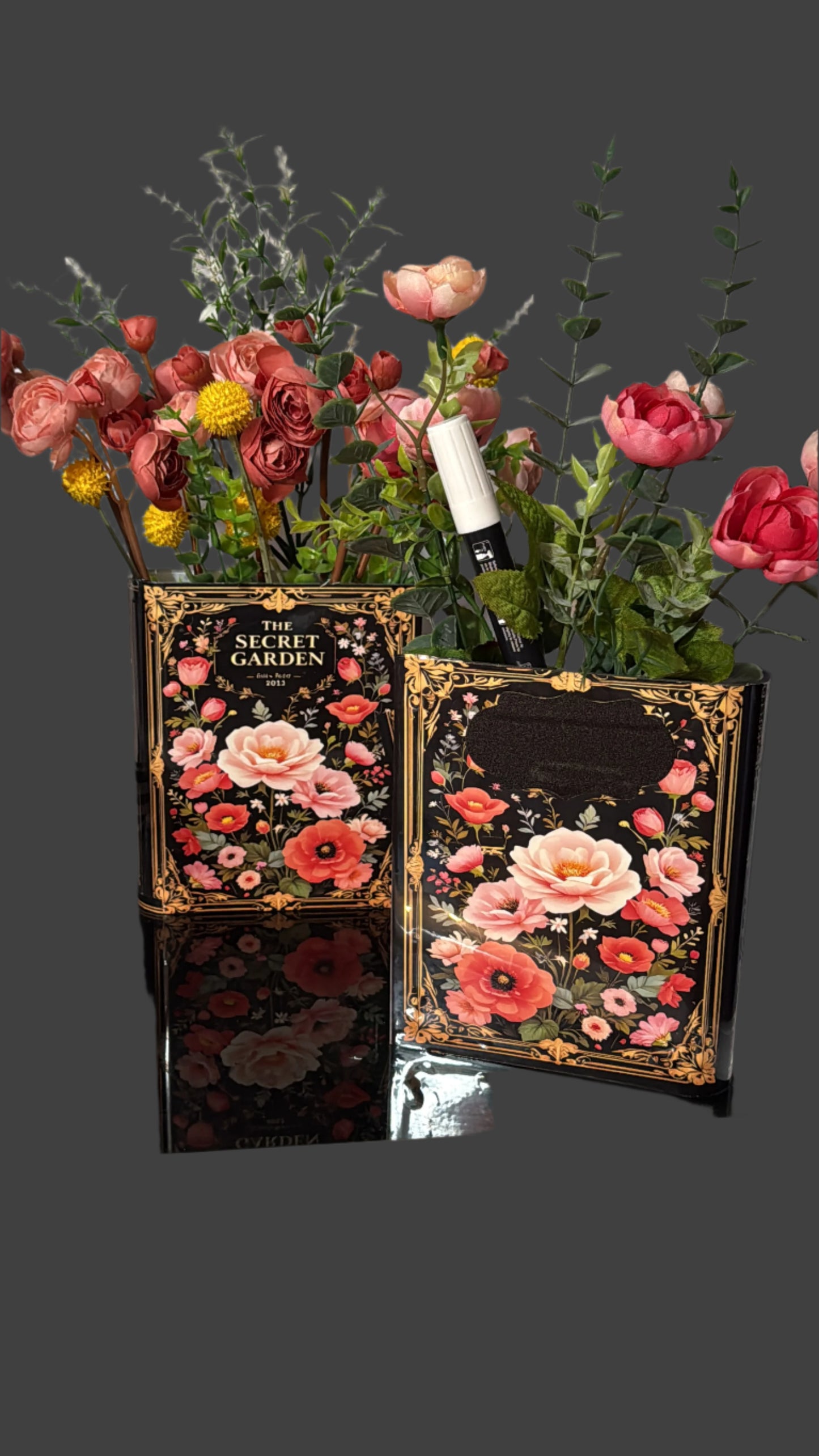 Secret Garden vintage-style book vase with gold frame detailing and floral design, featuring coral and blush roses, handmade luxury home decor