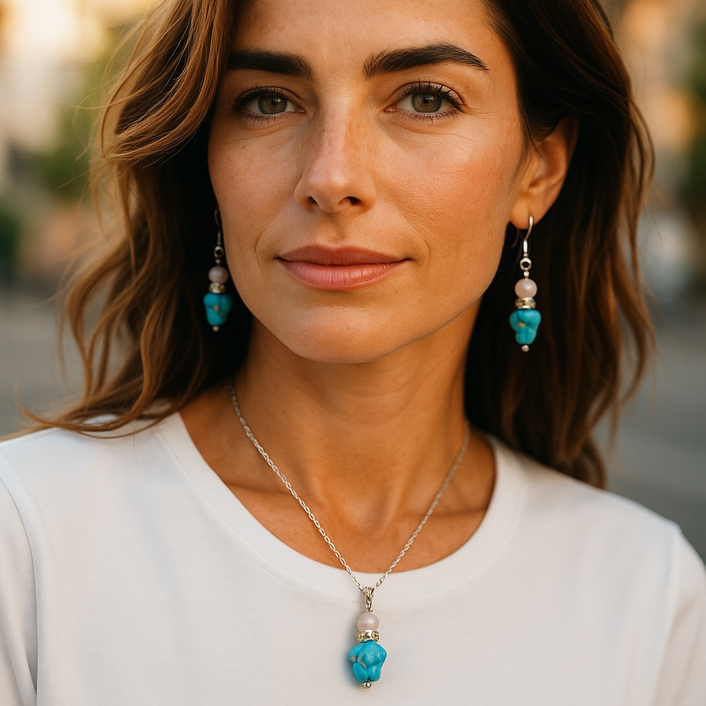 Limited collection turquoise rose quartz earrings and a necklace