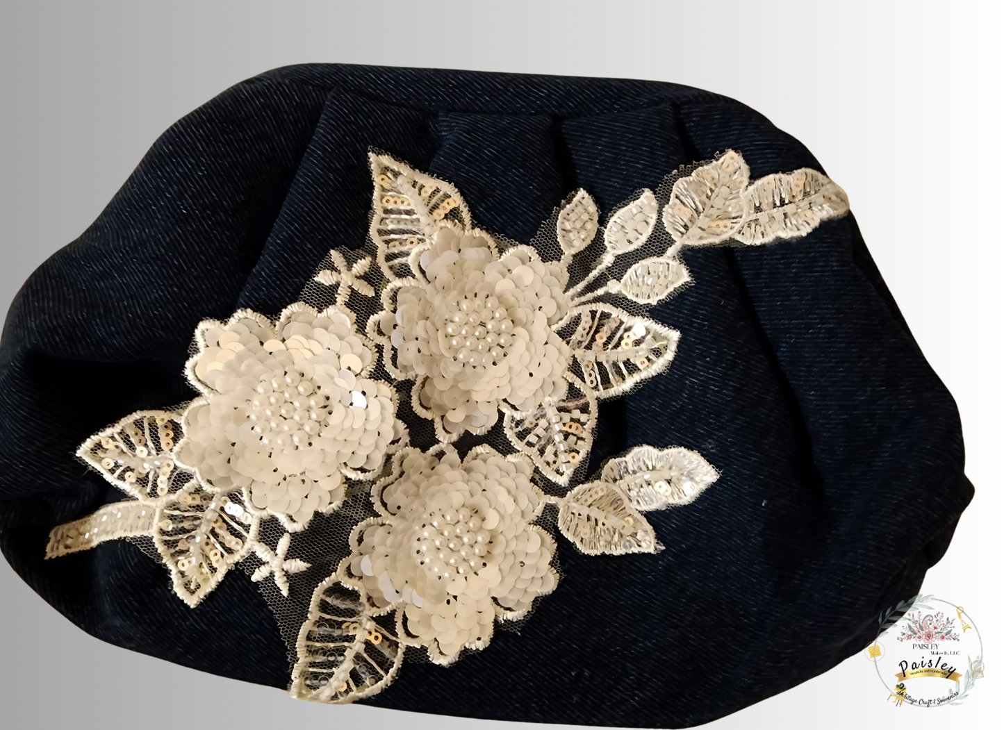 Handcrafted denim clutch bag with white sequined floral embroidery - unique bohemian luxury accessory by Paisley Decor It - personalized women's fashion
