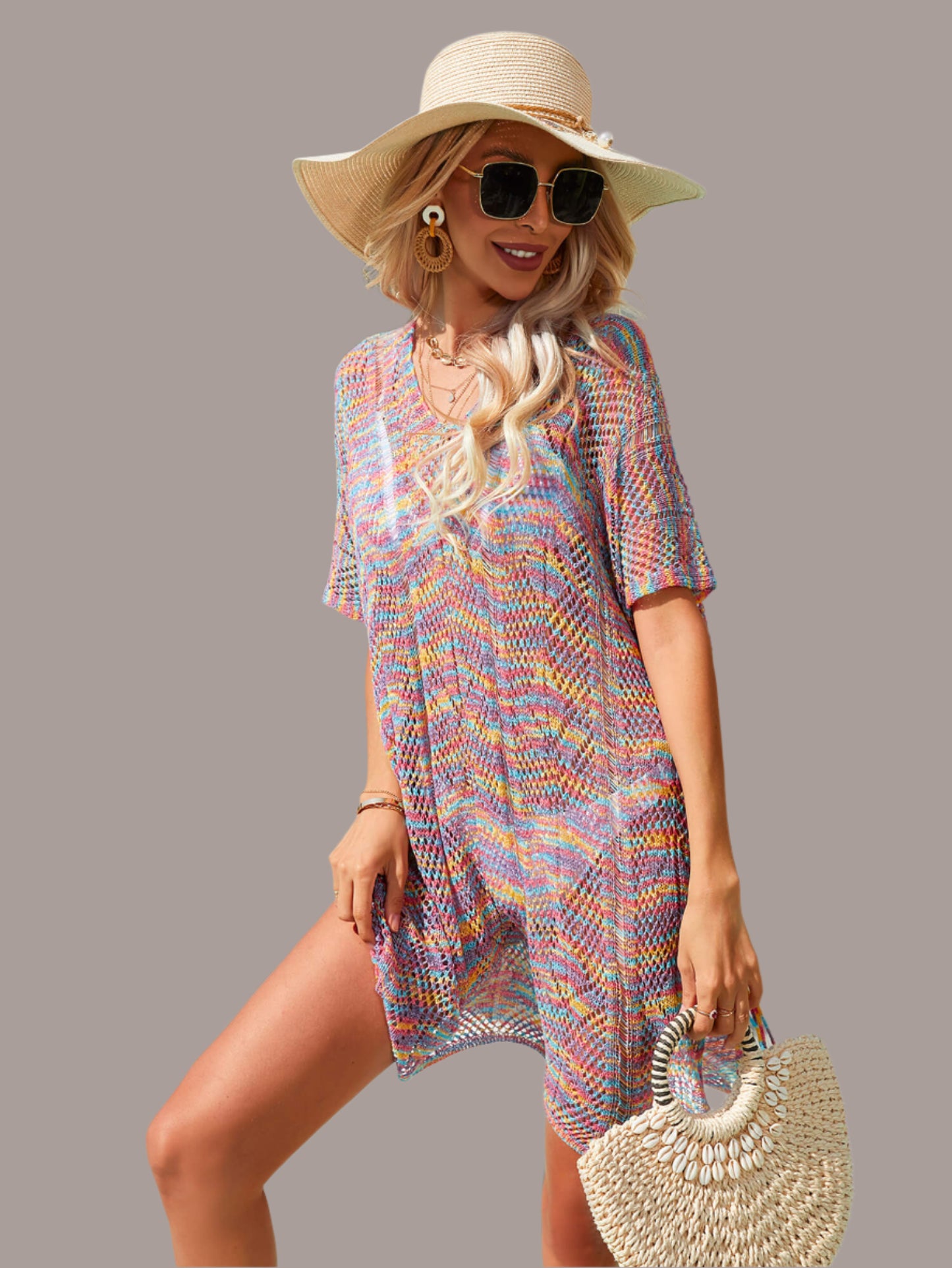 Angel wings tassel slit cover-up showing multicolored openwork detail