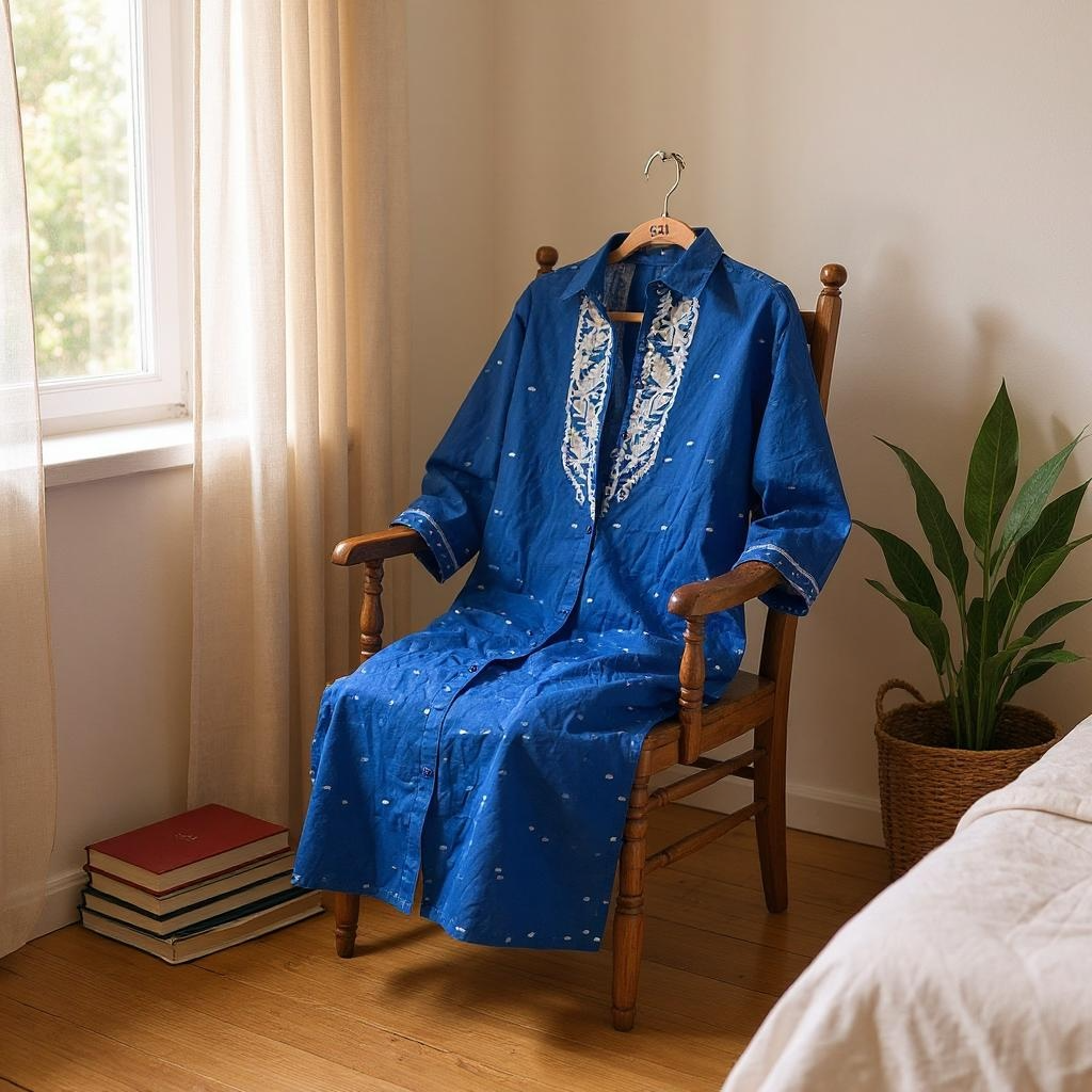 Women wearing blue handmade cotton tunic with floral Jamdani waived.