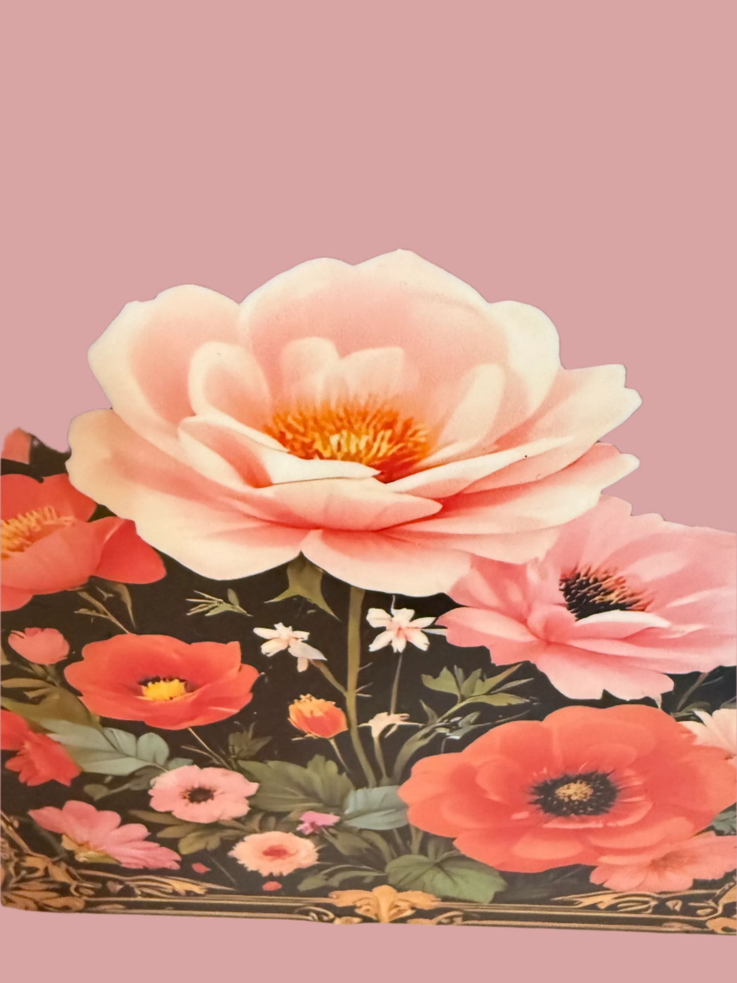 The Secret Garden decorative book vases collection with elegant gold frame detailing and black floral design, paired with artificial coral roses and yellow accent flowers