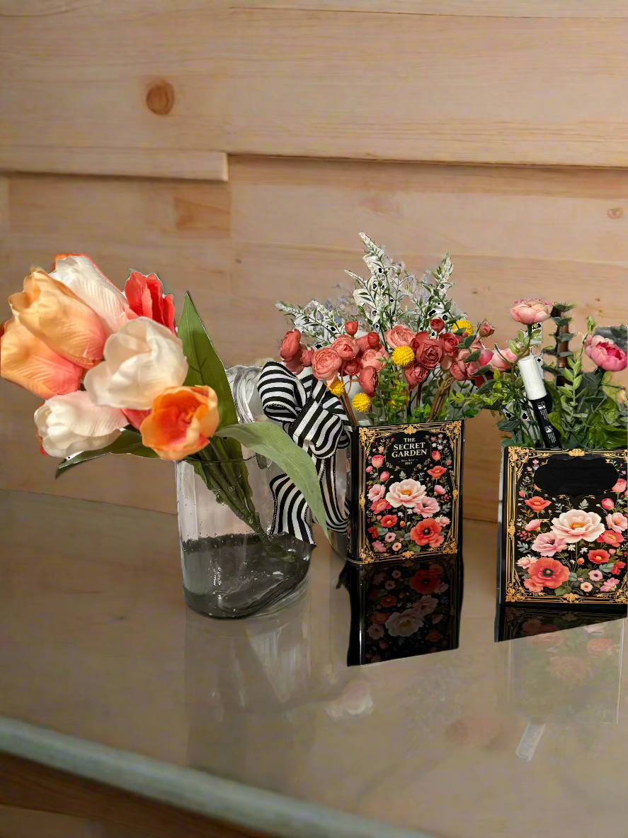 Handcrafted clear glass handbag vase with peach and coral tulips, black and white striped designer bow, perfect for Mother's Day gifts