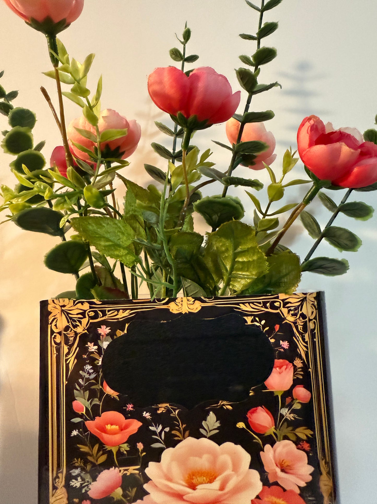 Secret Garden vintage-style book vase with gold frame detailing and floral design, featuring coral and blush roses, handmade luxury home decor