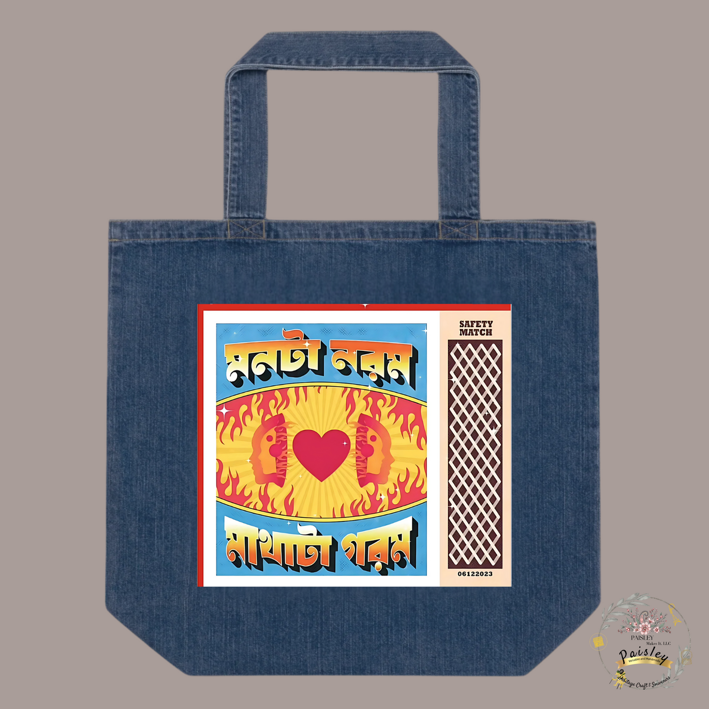 Handcrafted organic denim tote bag with colorful Indian rickshaw artwork and traditional motifs