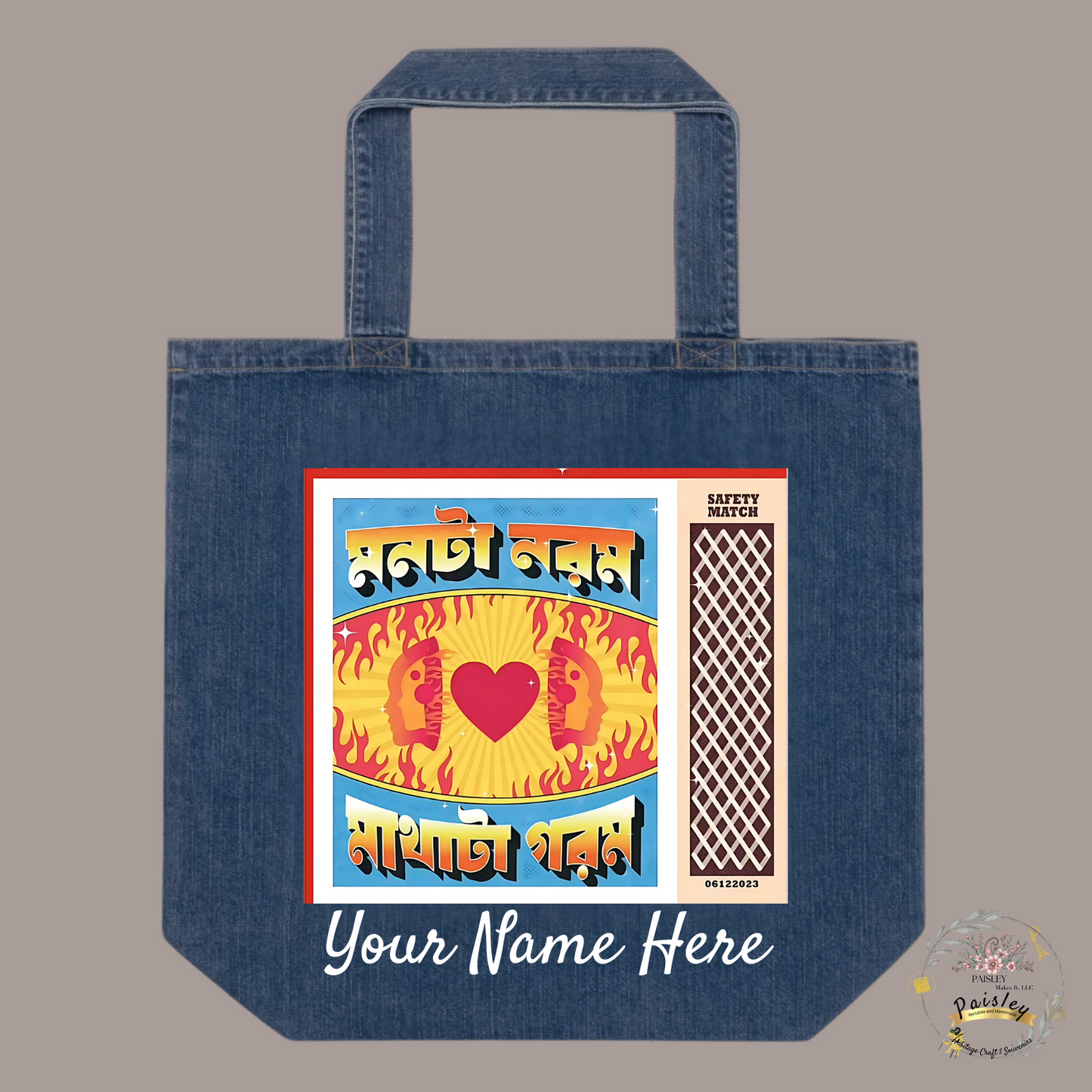Handcrafted organic denim tote bag with colorful Indian rickshaw artwork and traditional motifs