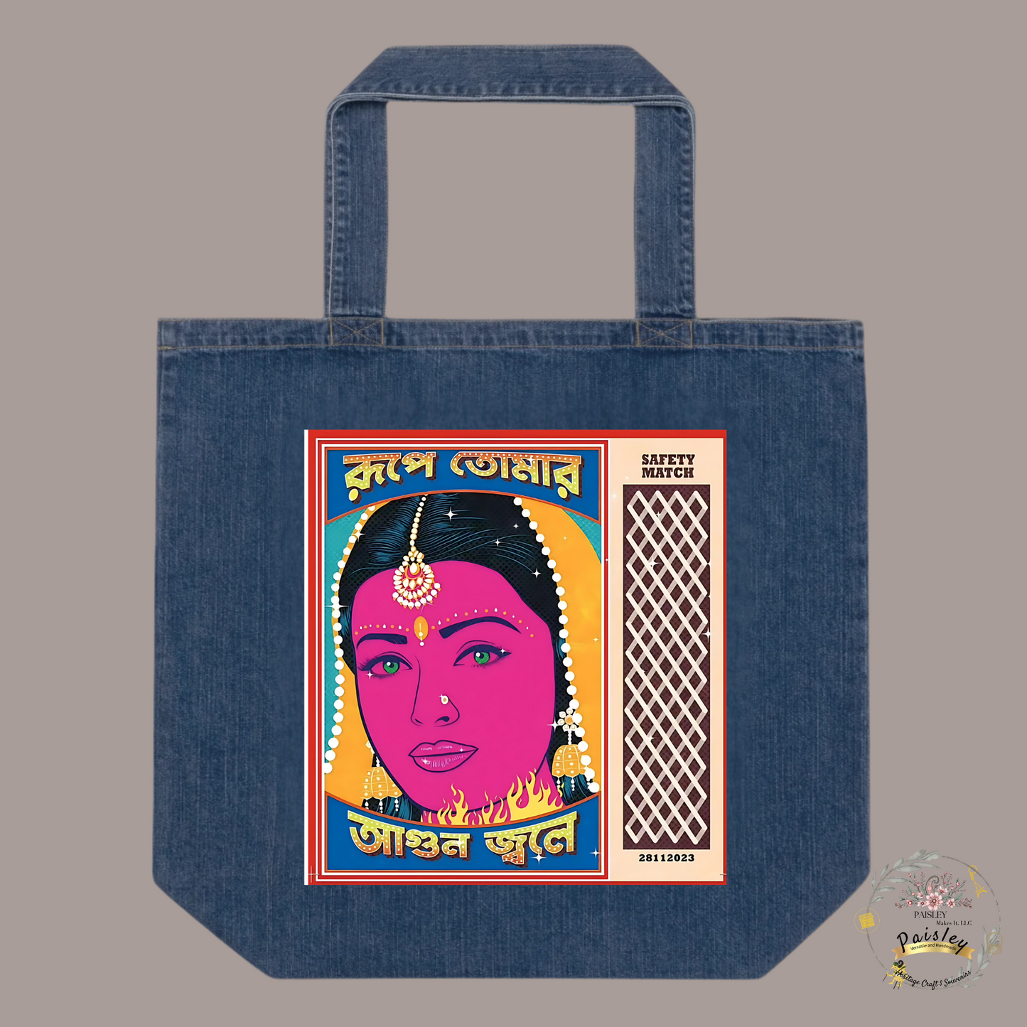 Handcrafted organic denim tote bag with colorful Indian rickshaw artwork and traditional motifs