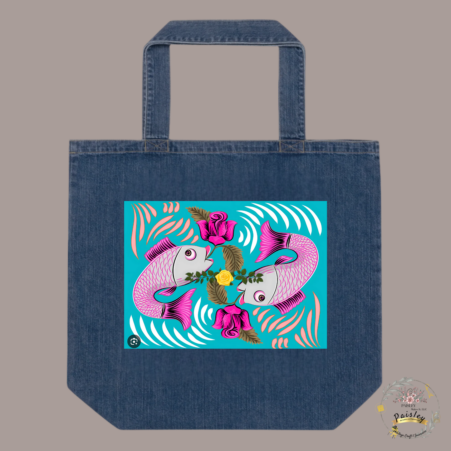 Handcrafted organic denim tote bag with colorful Indian rickshaw artwork and traditional motifs
