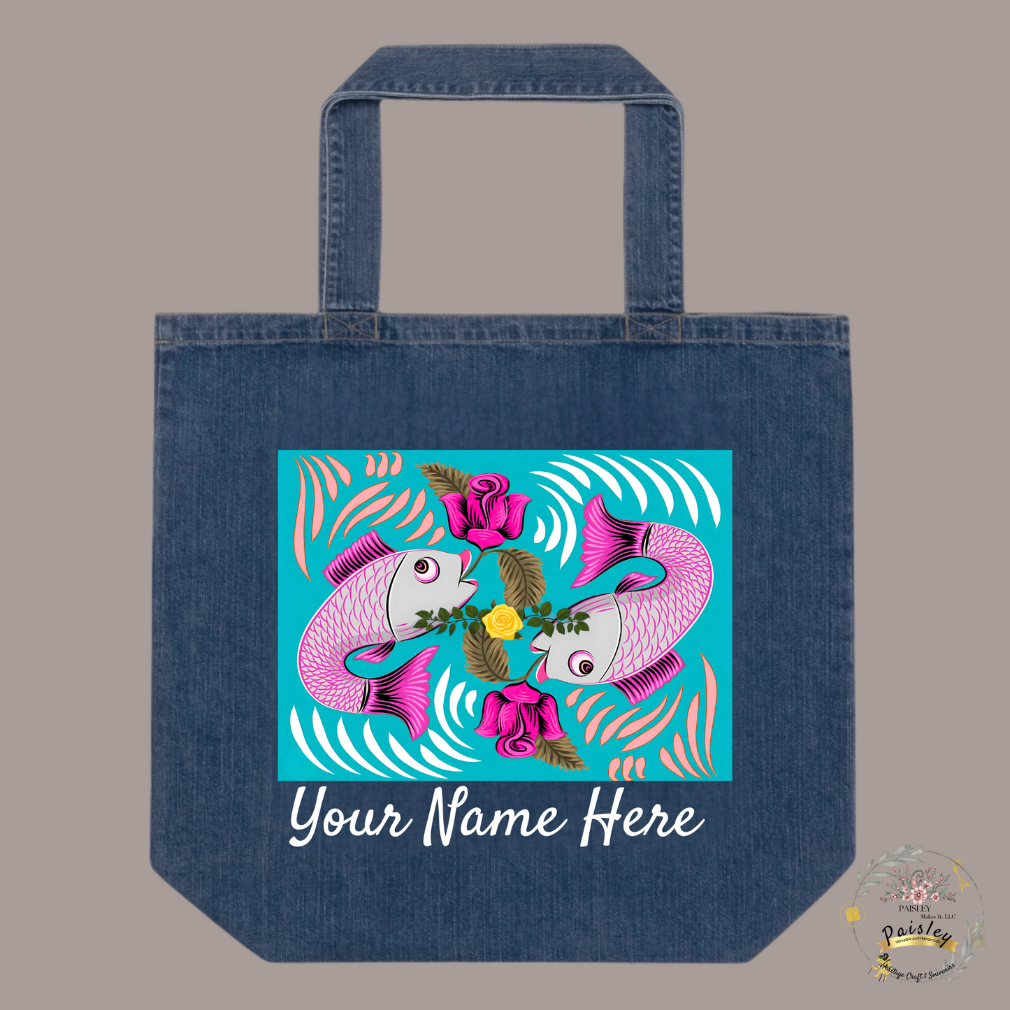 Handcrafted organic denim tote bag with colorful Indian rickshaw artwork and traditional motifs