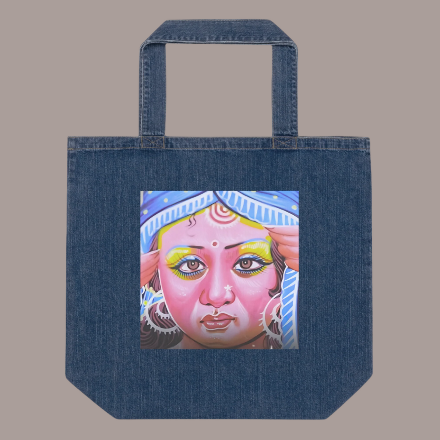 Bohemian luxury tote bag styled with Indian-inspired rickshaw art in vibrant colors