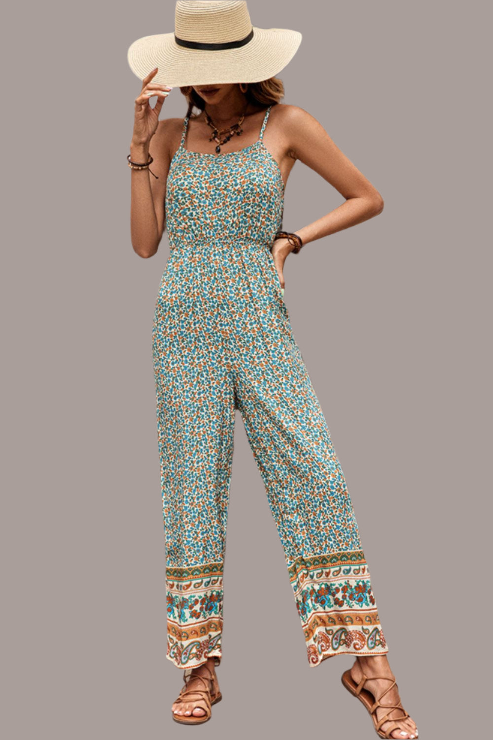 Perfee bohemian spaghetti strap low back jumpsuit in paisley floral print - front view