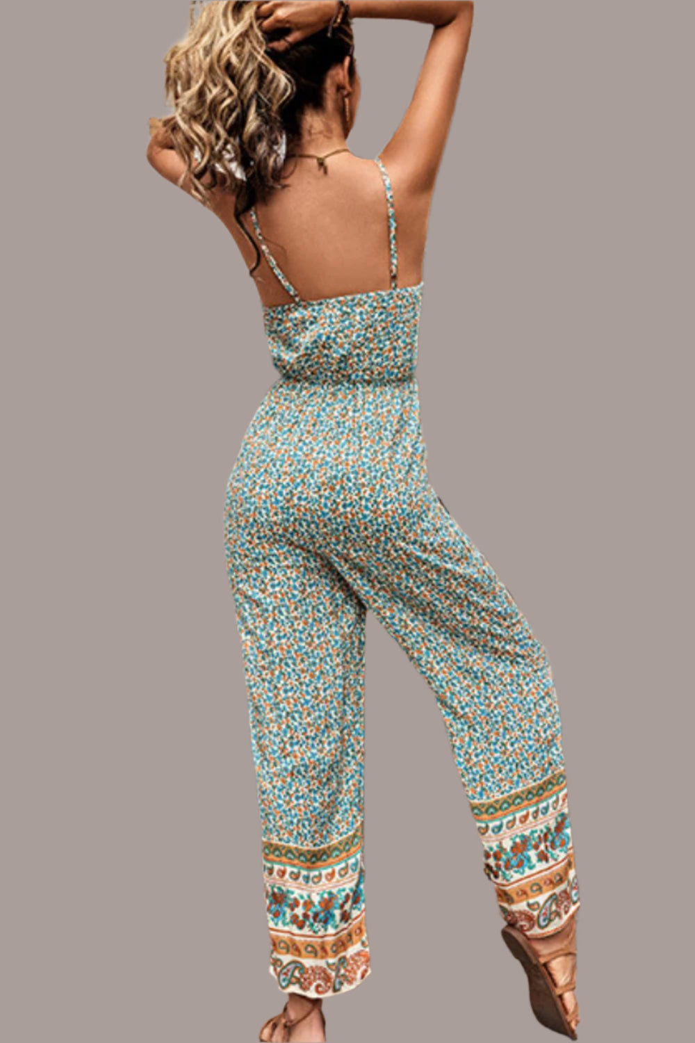Perfee bohemian spaghetti strap low back jumpsuit in paisley floral print - front view