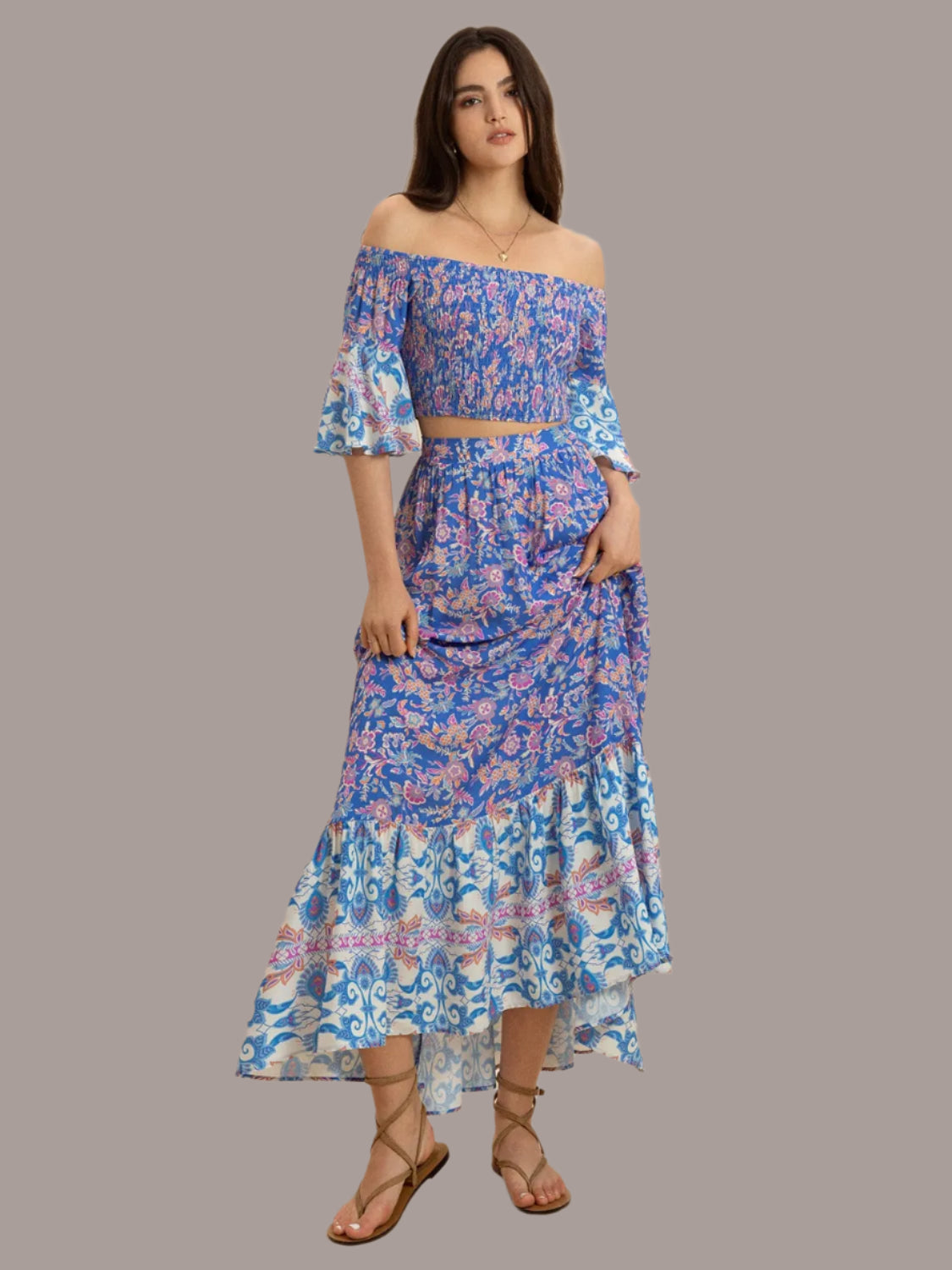 Smocked off-shoulder printed top and skirt set front view