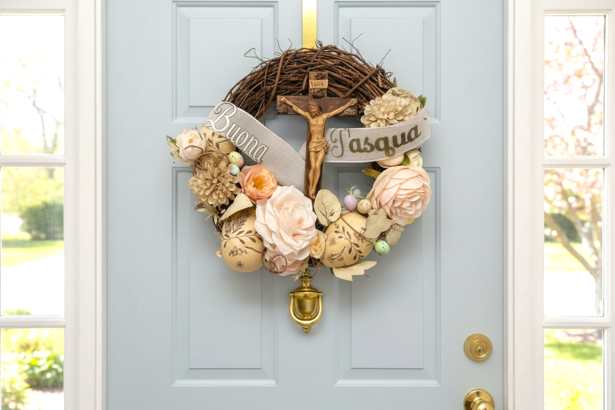 Handcrafted Catholic Easter Wreath with Crucifix - Elegant Blush Rose and Pearl Design with Personalized Name Ribbon DIY kit and Complete Version.