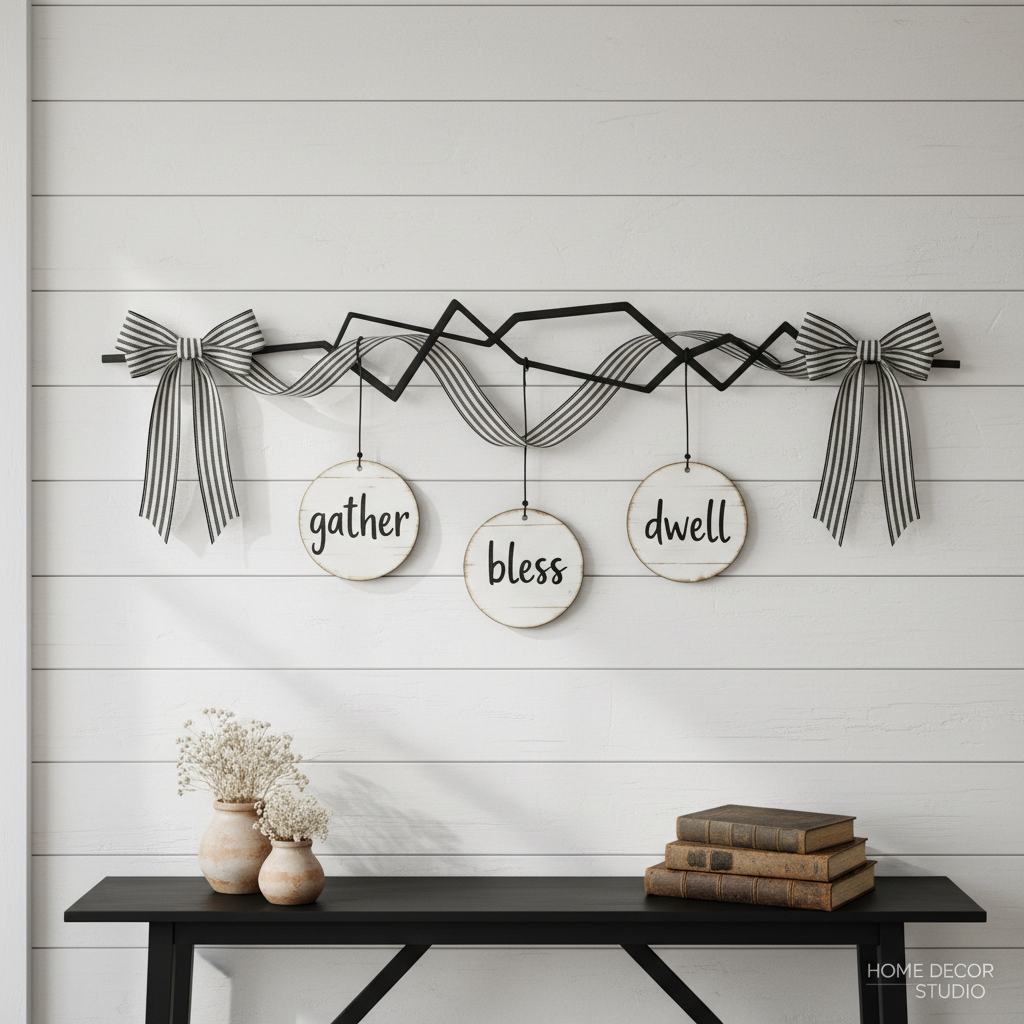 Minimalist Door Hanger – Black Metal with Burlap Ribbon