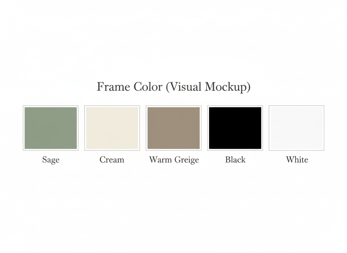 Frame Color (Visual Mockup) swatches: Sage, Cream, Warm Greige, Black, White