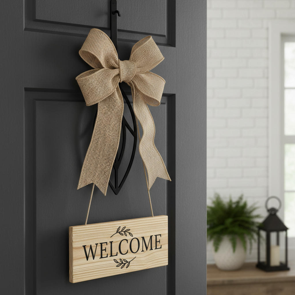 Minimalist Door Hanger – Striped Ribbon & Wooden Sign