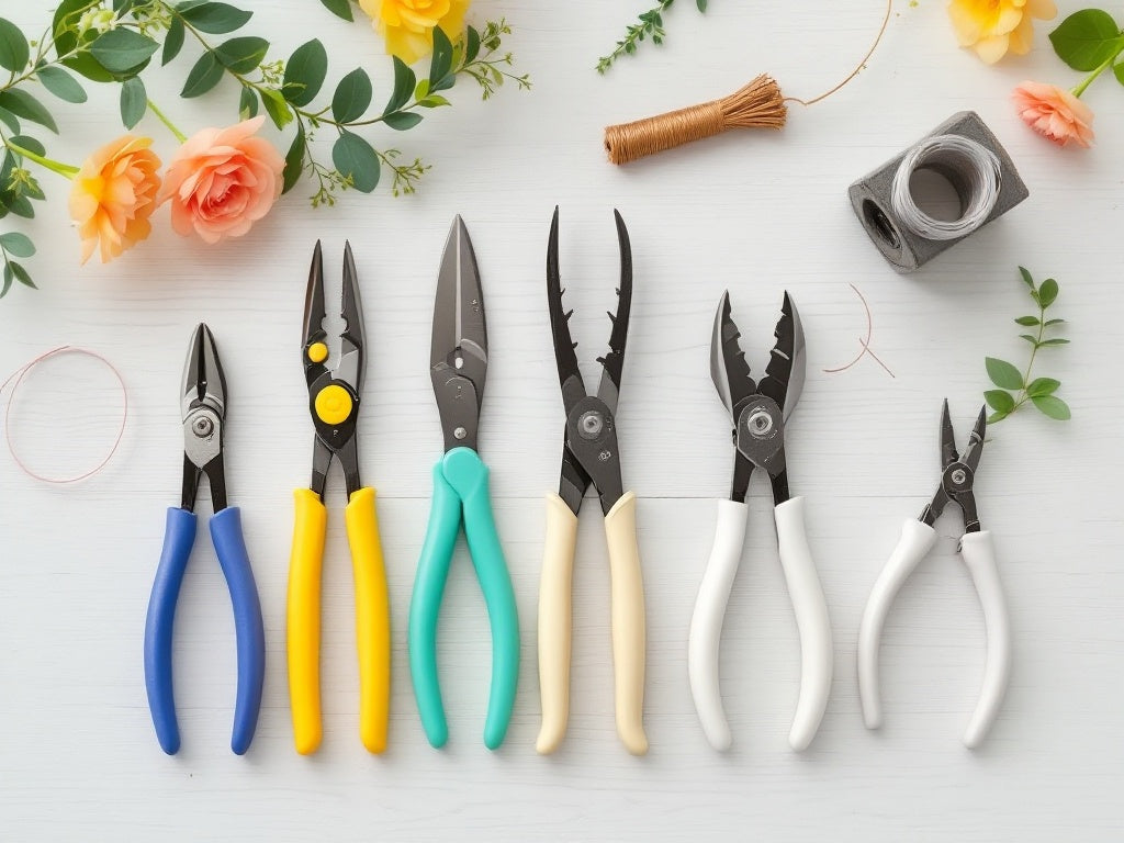 Professional floral wire cutters displayed with wreath making supplies including floral wire, ribbons, and greenery on wooden surface - Paisley Decor It essential tools guide