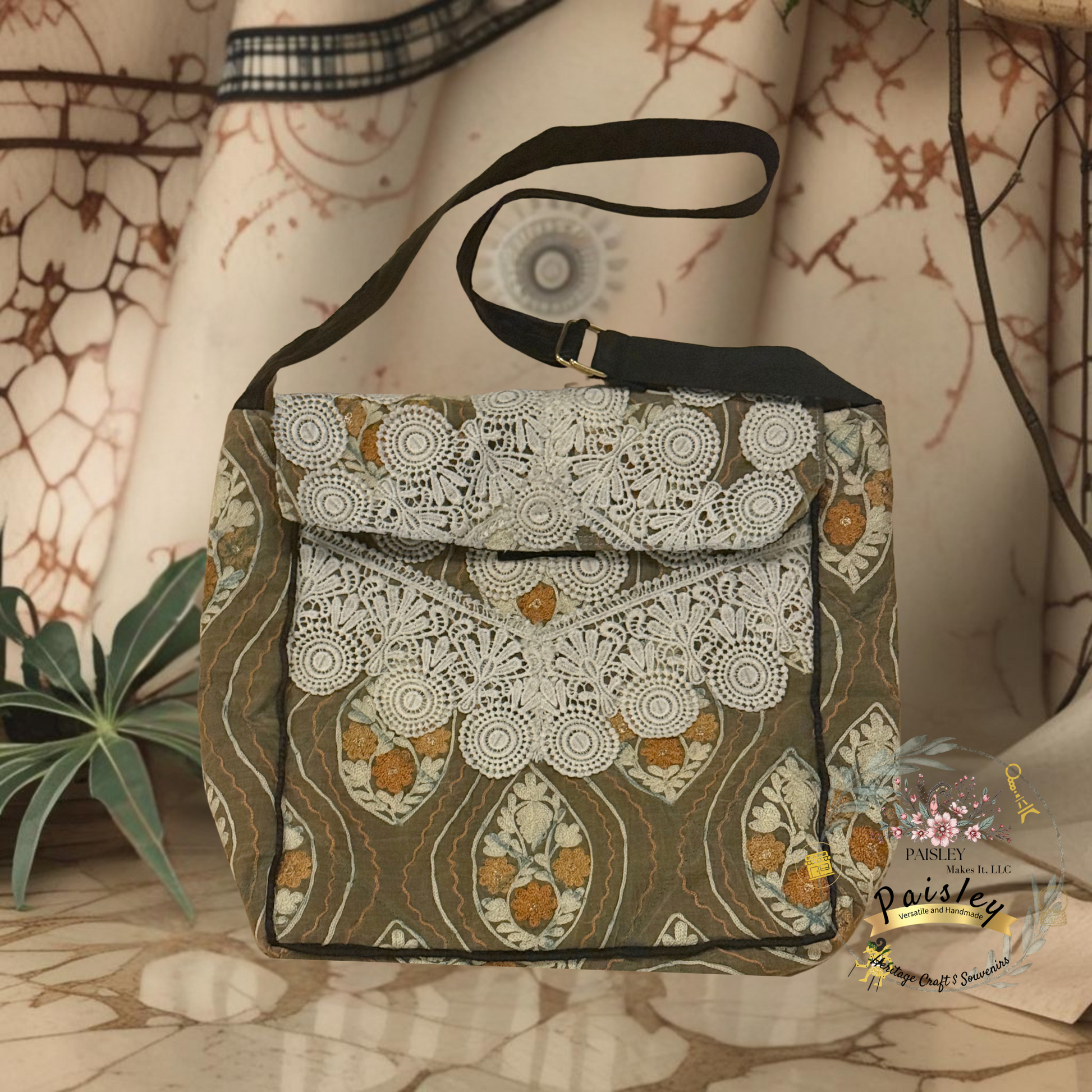 Multi-colored floral embroidery tote bag with shell and bead embellishments - bohemian luxury accessory