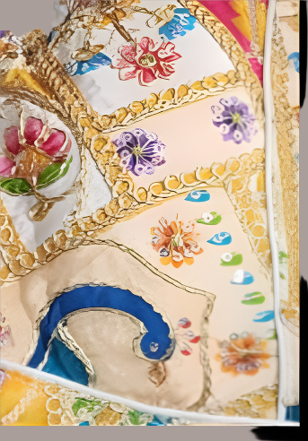 White fabric kalamkari inspired print  with floral patterns and gold accents