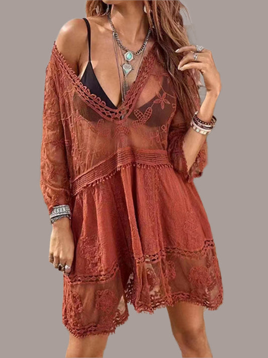 Bohemian lace detail plunge cover-up dress in neutral tones - front view