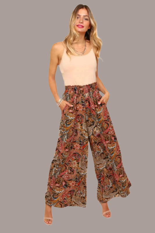 Bohemian paisley palazzo pants with elastic waistband and pockets - handcrafted women's fashion by Paisley Decor It - affordable luxury boho clothing