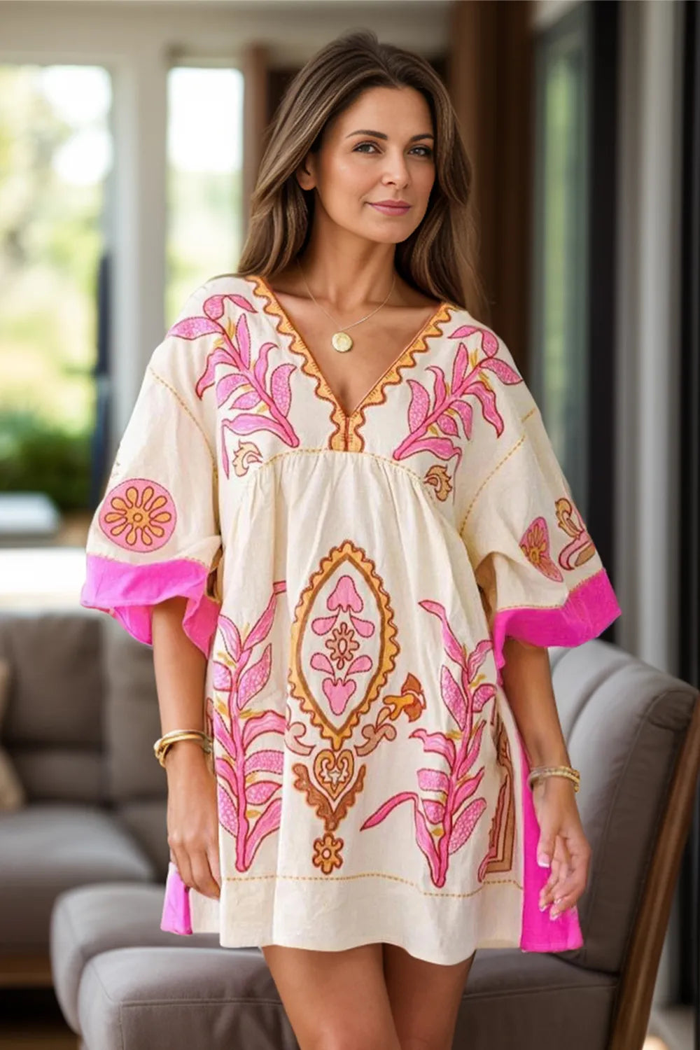 Mother's Day Special - Printed V-Neck Three-Quarter Sleeve Mini Dress - Elegant Affordable Luxury by Paisley Decor It 2025