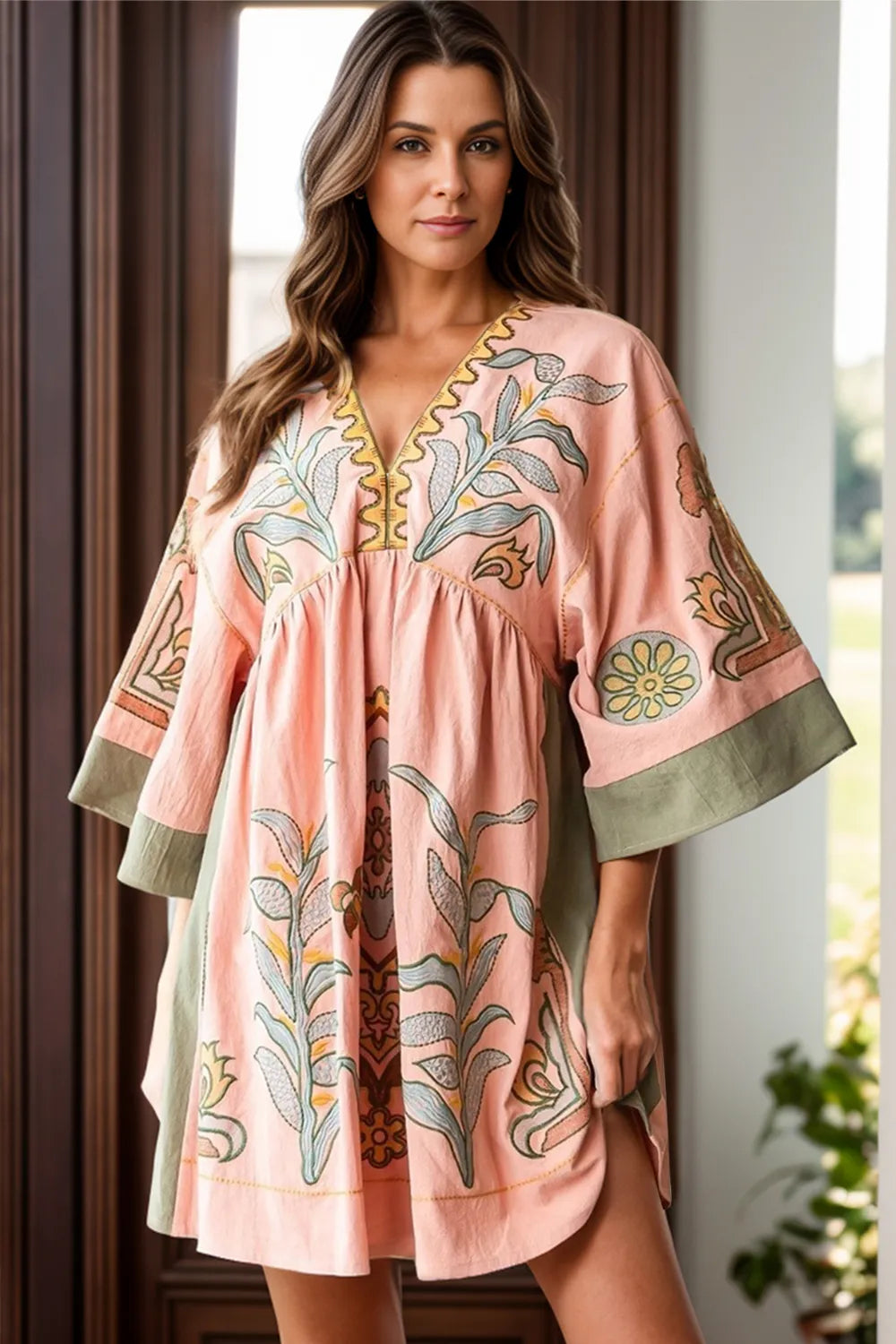 Mother's Day Special - Printed V-Neck Three-Quarter Sleeve Mini Dress - Elegant Affordable Luxury by Paisley Decor It 2025