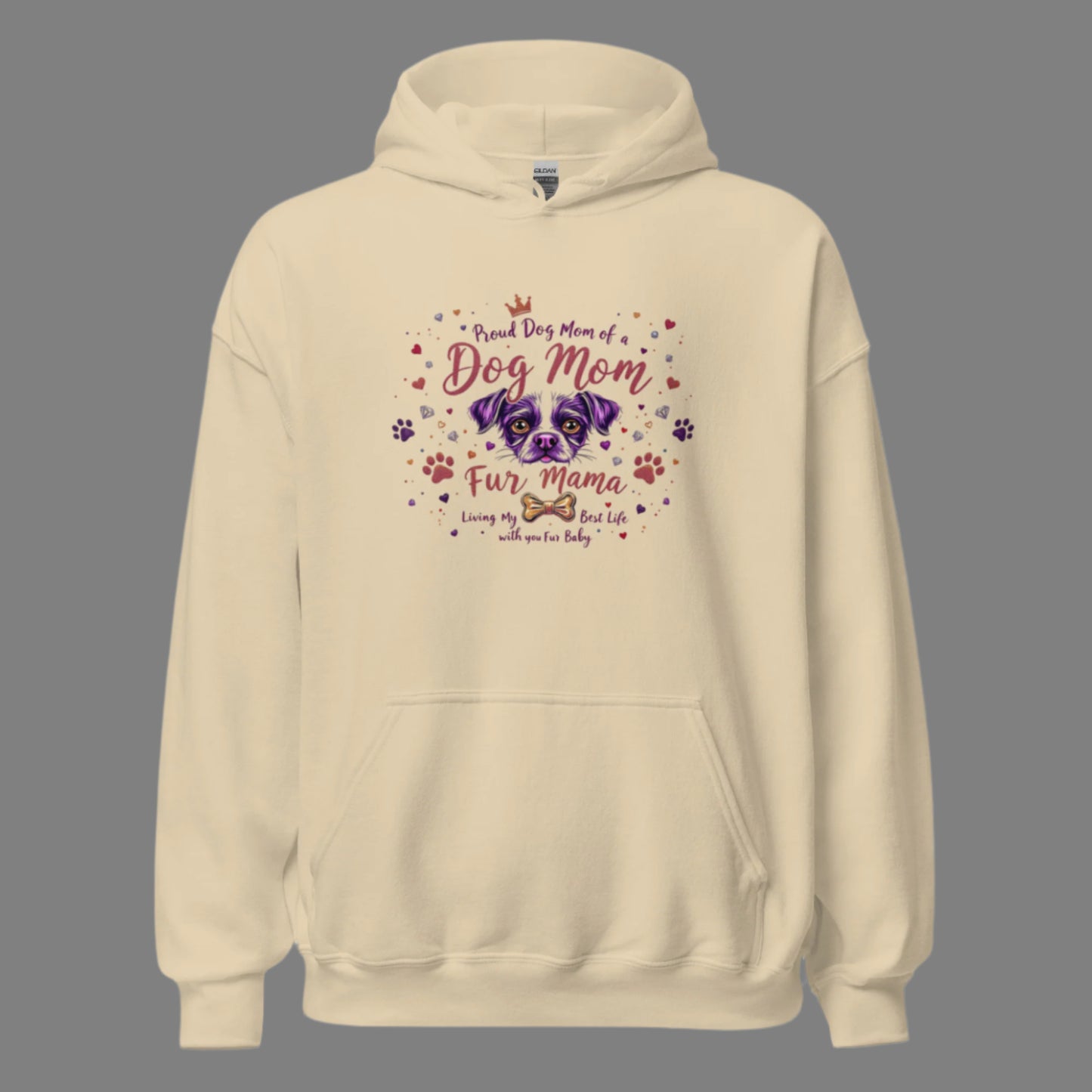 Dog Mom hoodie in sand or pearl gold color front view displaying full design