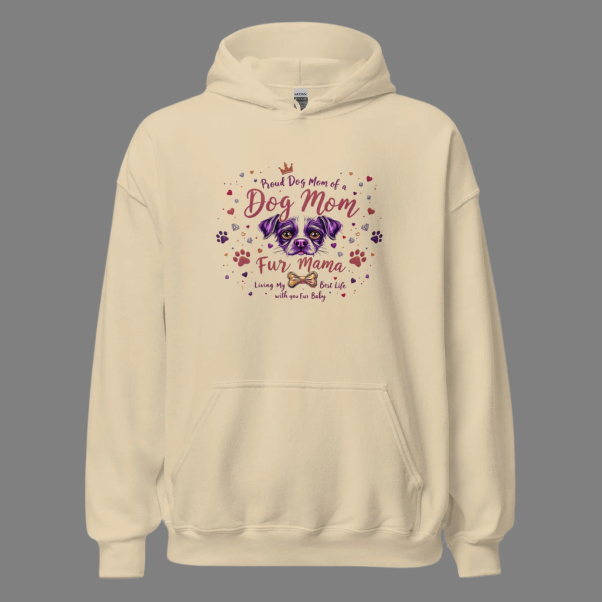 Dog Mom hoodie in sand or pearl gold color front view displaying full design