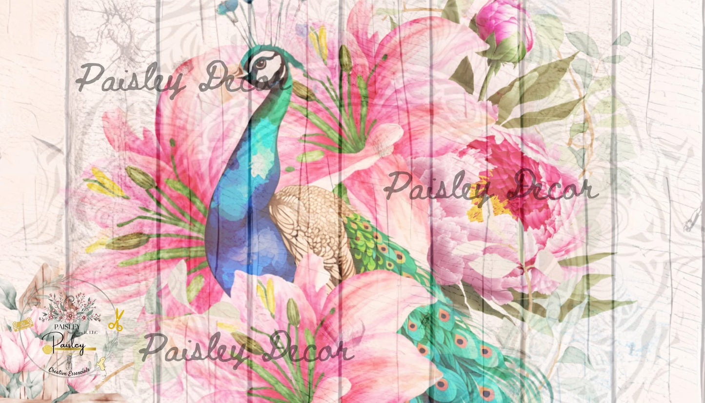 Peacock decoupage rice paper with vintage floral design - Premium craft supplies - Paisley Decor It