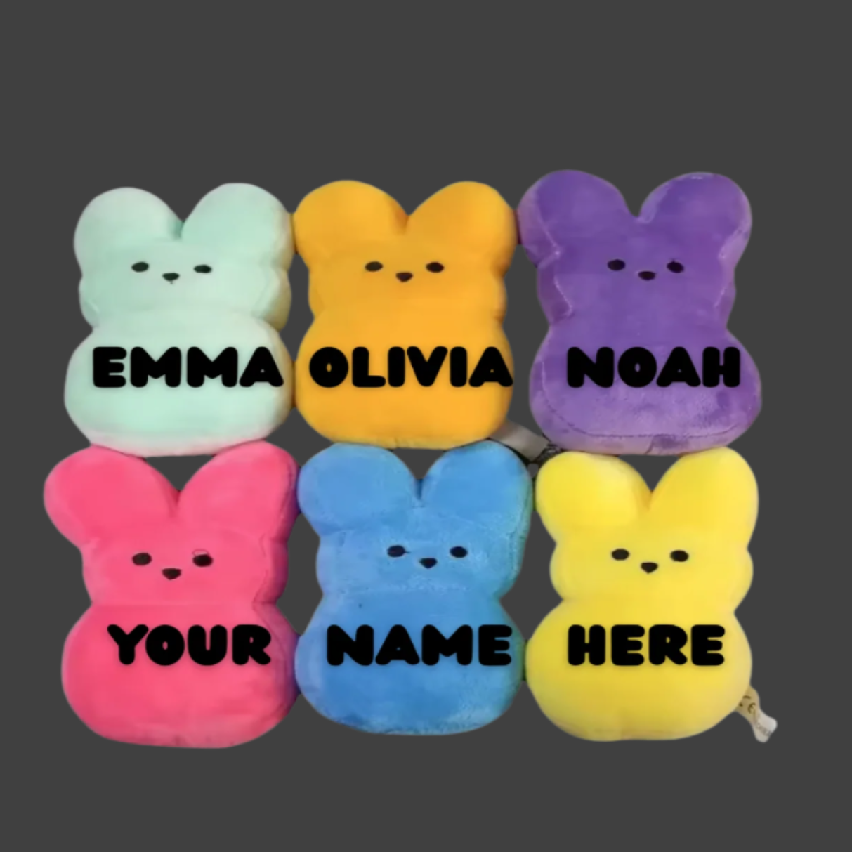 Customizable plush bunny peeps in six pastel colors - mint green, yellow, purple, pink, blue, and bright yellow. Sample names 'Emma', 'Olivia', and 'Noah' shown on top row with 'Your Name Here' demonstration text on bottom row. Personalized Easter decoration plushies with cute minimal bunny faces