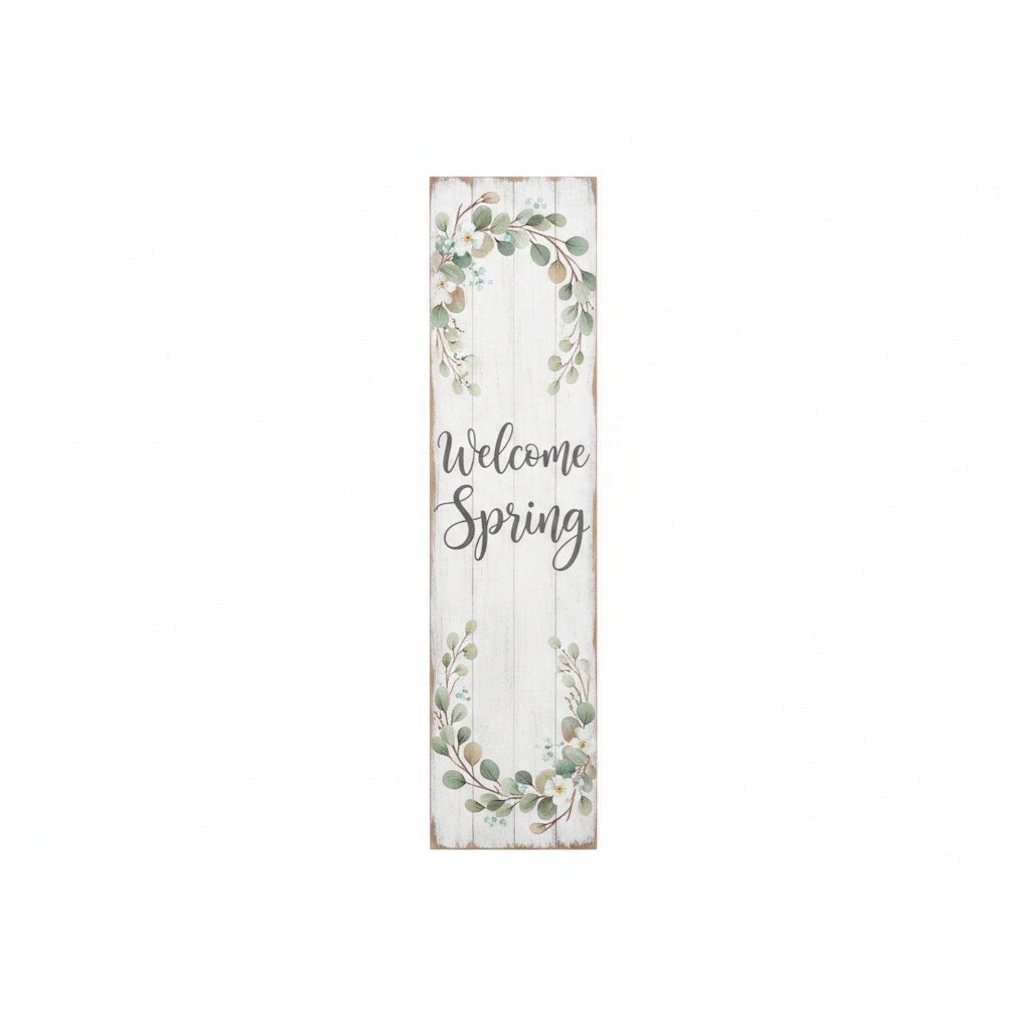 Decorative sign with 'Welcome Spring' text and floral designs on a white background