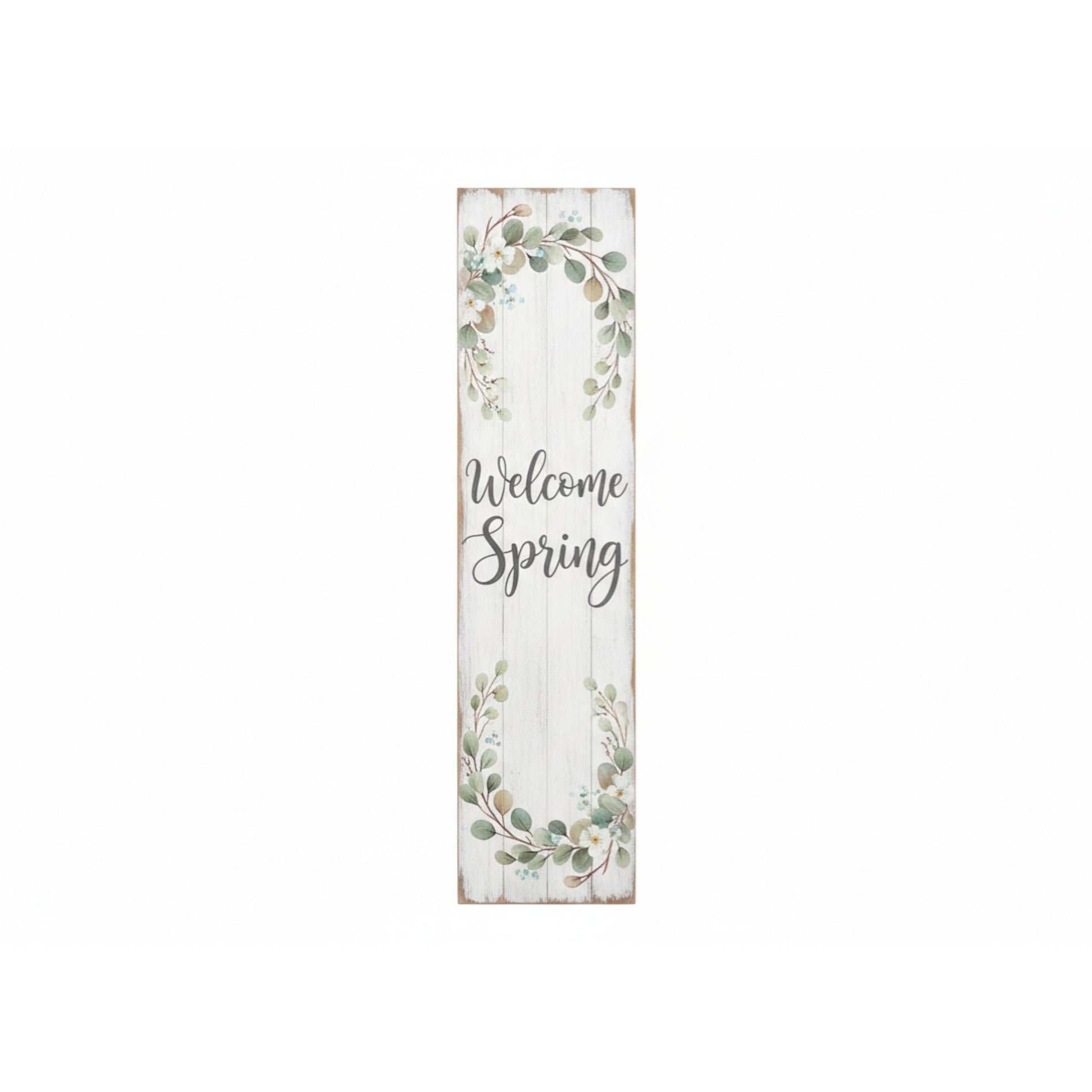 Decorative sign with 'Welcome Spring' text and floral designs on a white background
