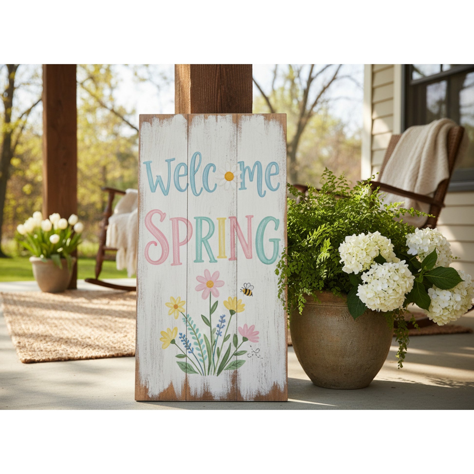 Wooden sign with 'Welcome Spring' text on a porch with flowers and a chair.