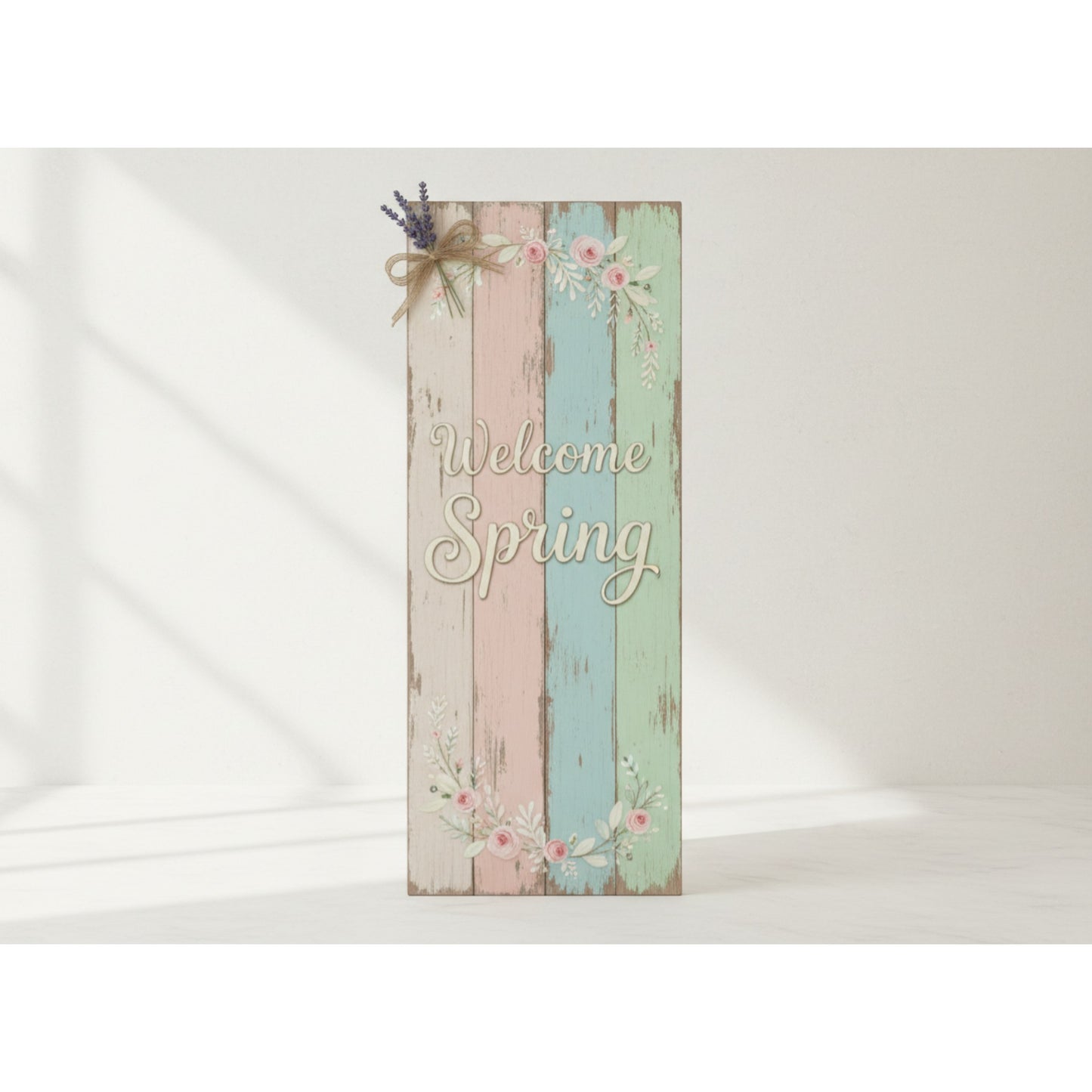 Decorative card with 'Welcome Spring' text on a pastel striped background