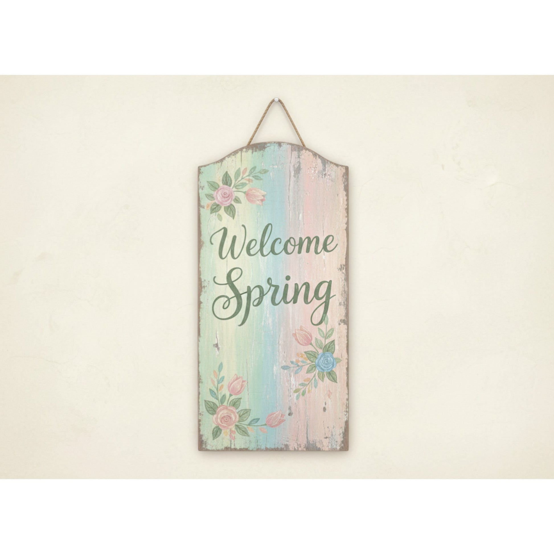 Decorative sign with 'Welcome Spring' text and floral designs on a pastel background.