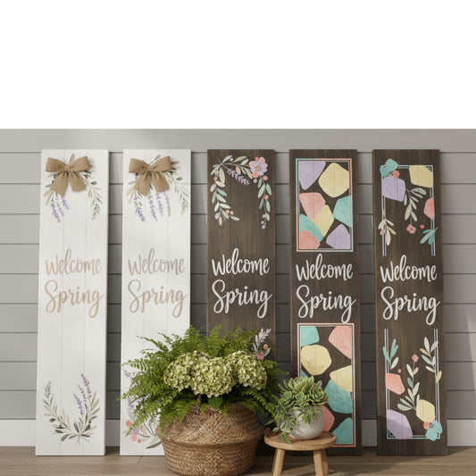 Decorative signs with 'Welcome Spring' text and floral designs against a wooden panel background.