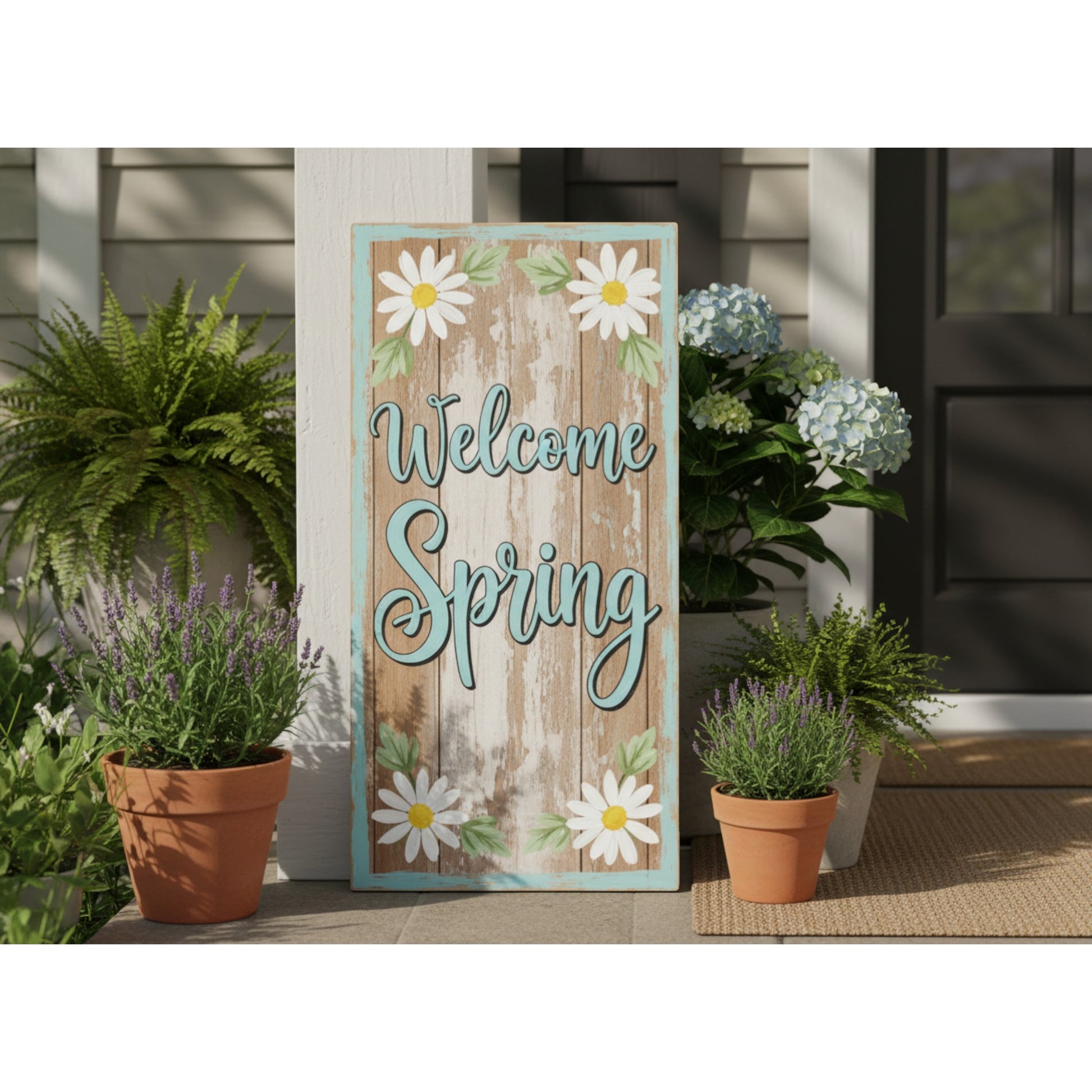 Decorative sign with 'Welcome Spring' text and flowers, surrounded by potted plants on a porch.